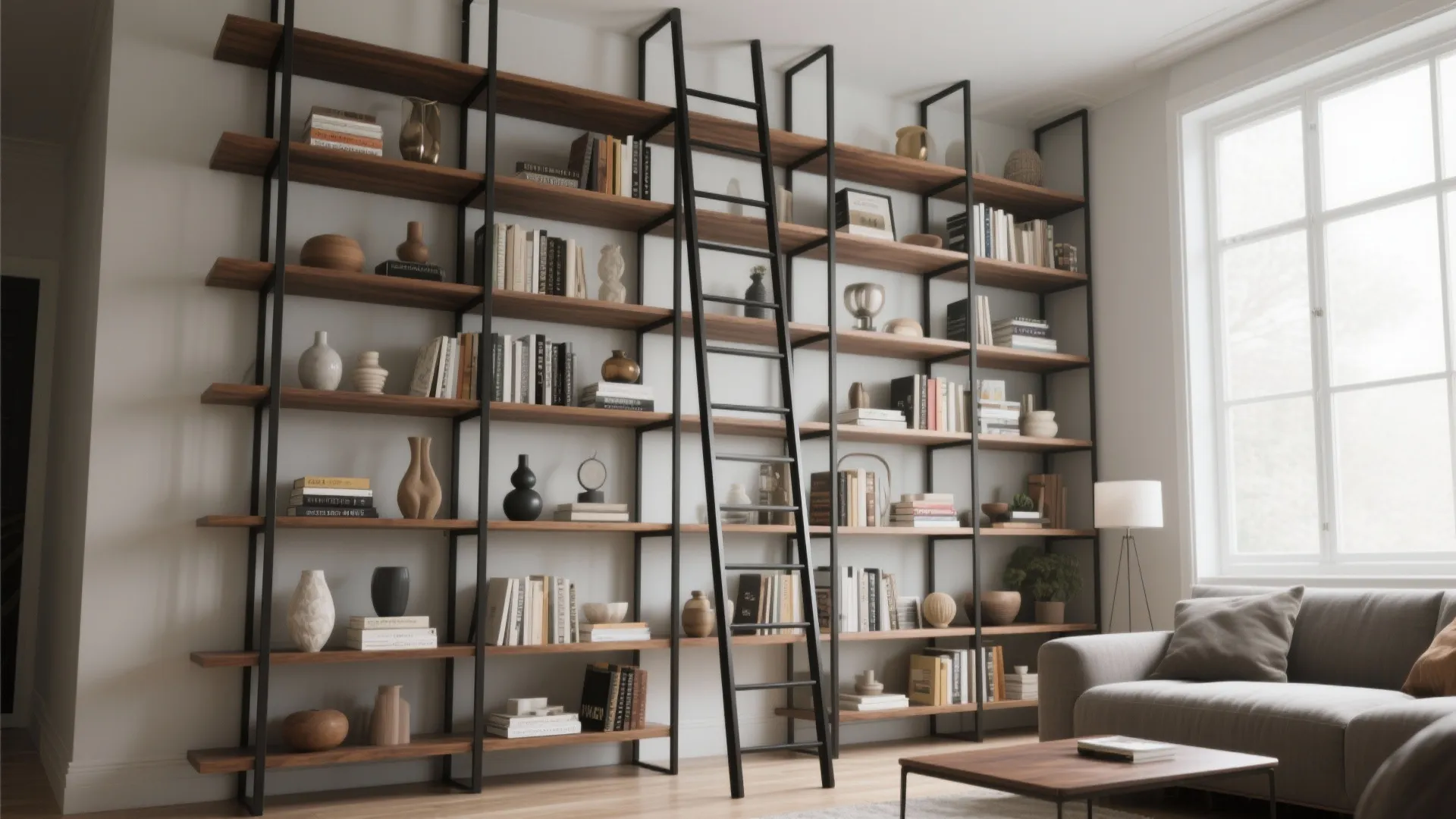 Large black metal bookshelf with wooden shelves leaning ladder books vases sofa and bright window