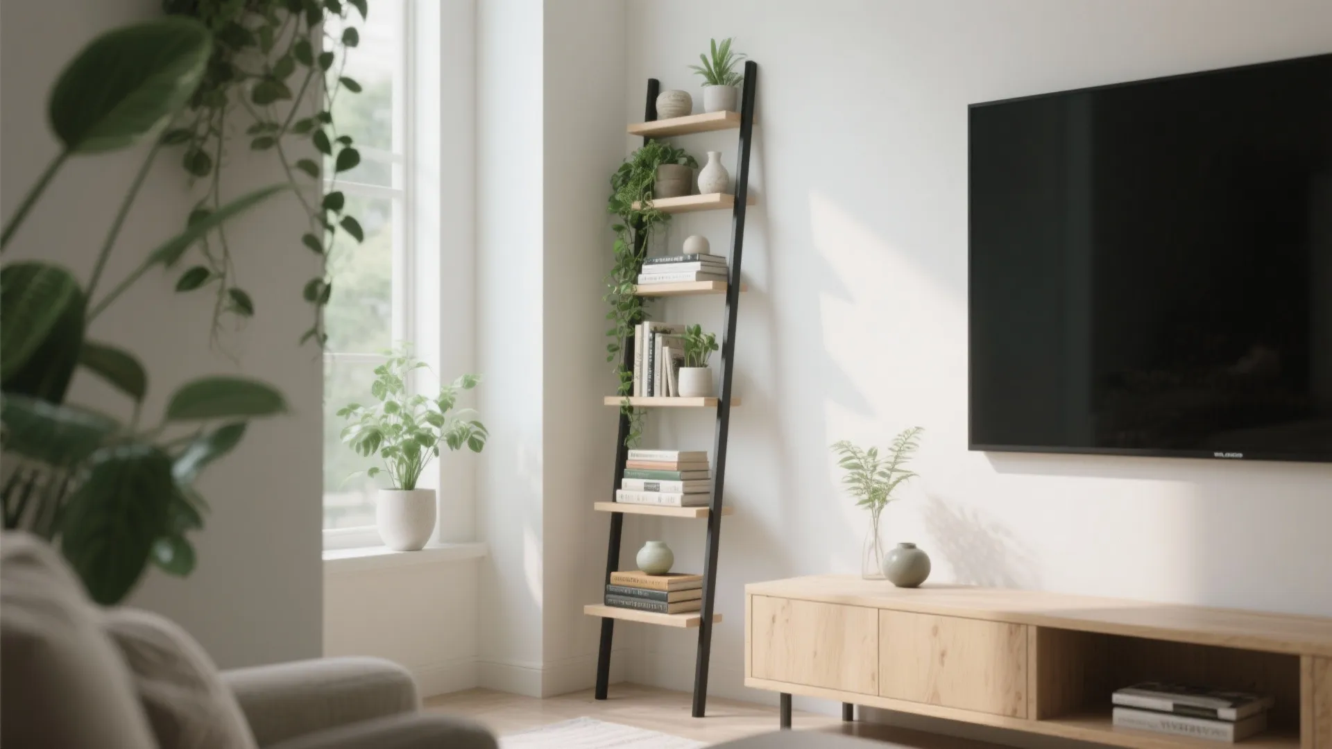 Modern living room with wooden ladder shelf holding green plants and books near flat TV