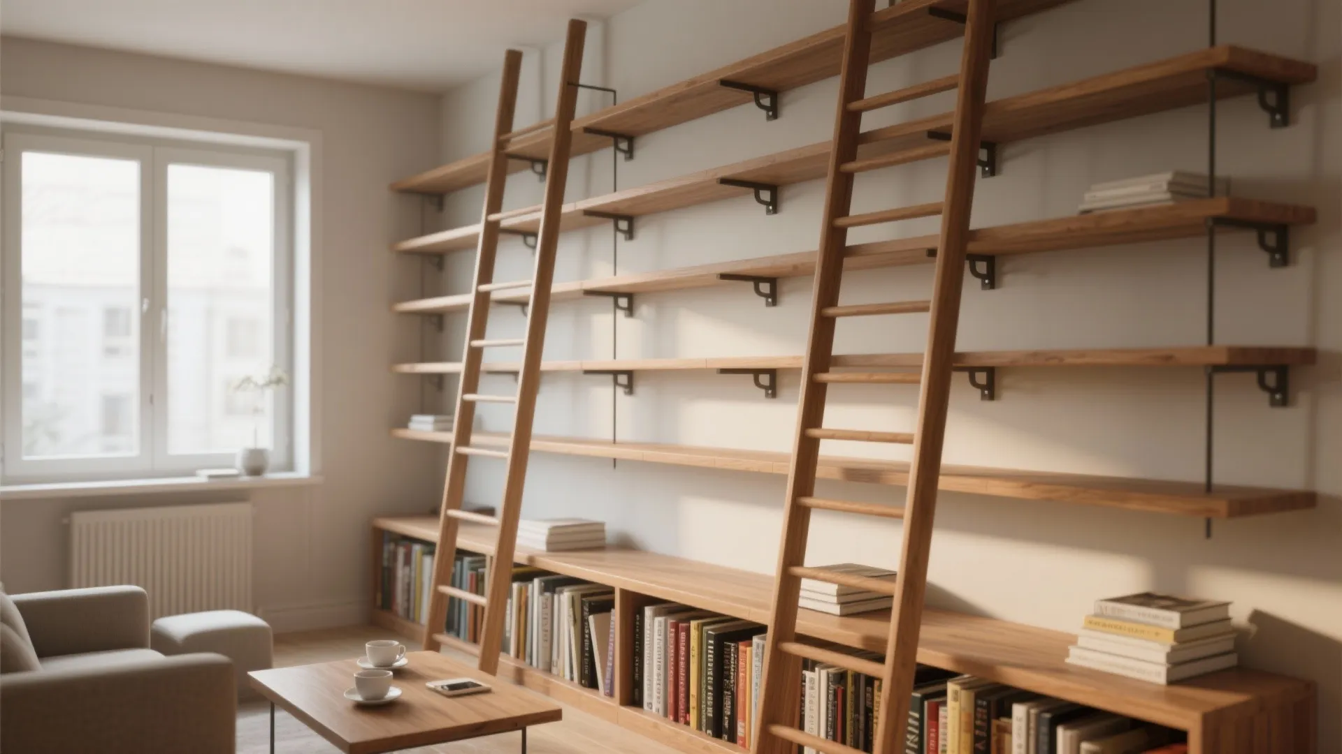 Large wooden wall shelves with two leaning ladders holding books in a bright modern room