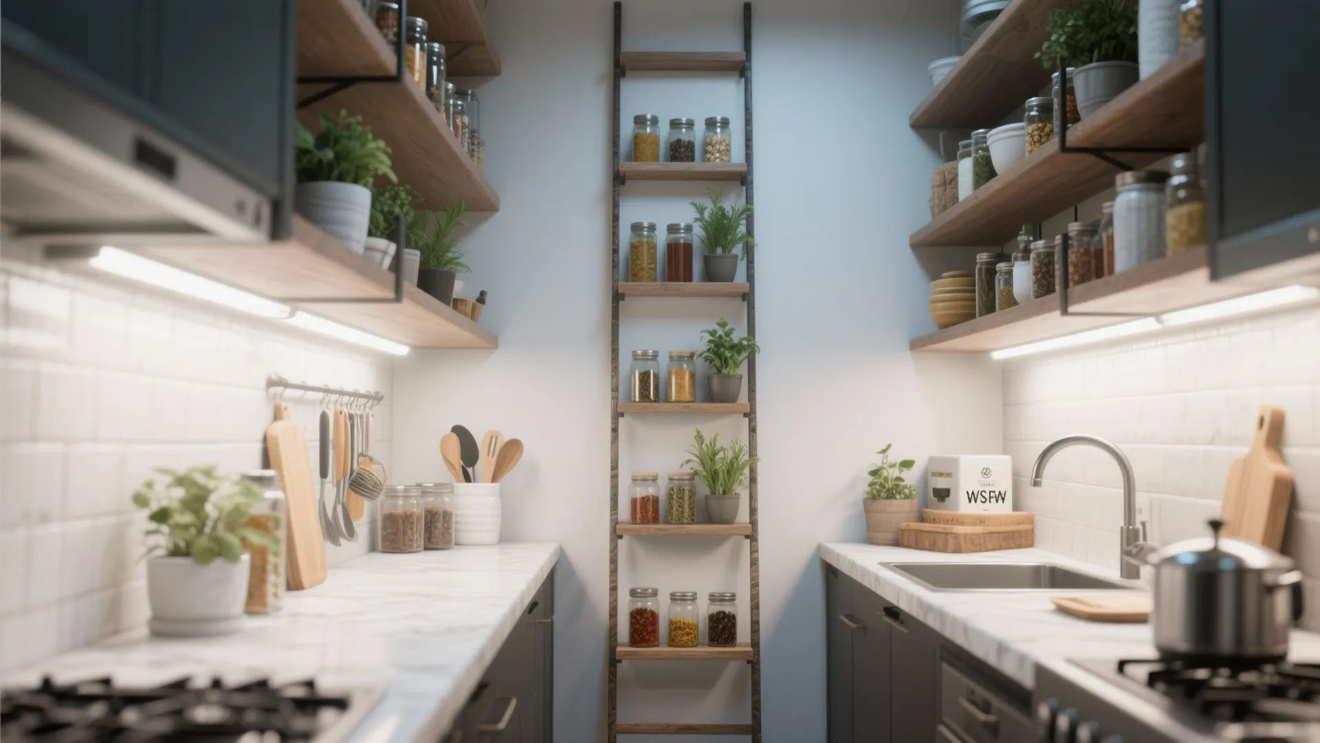 Tall ladder-style shelves in a compact kitchen