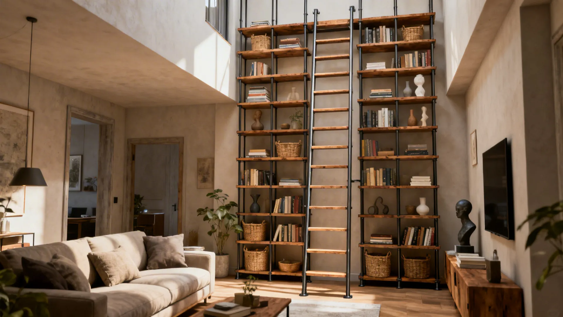 Floor-to-ceiling ladder shelving with mixed wood and metal styled with books and baskets