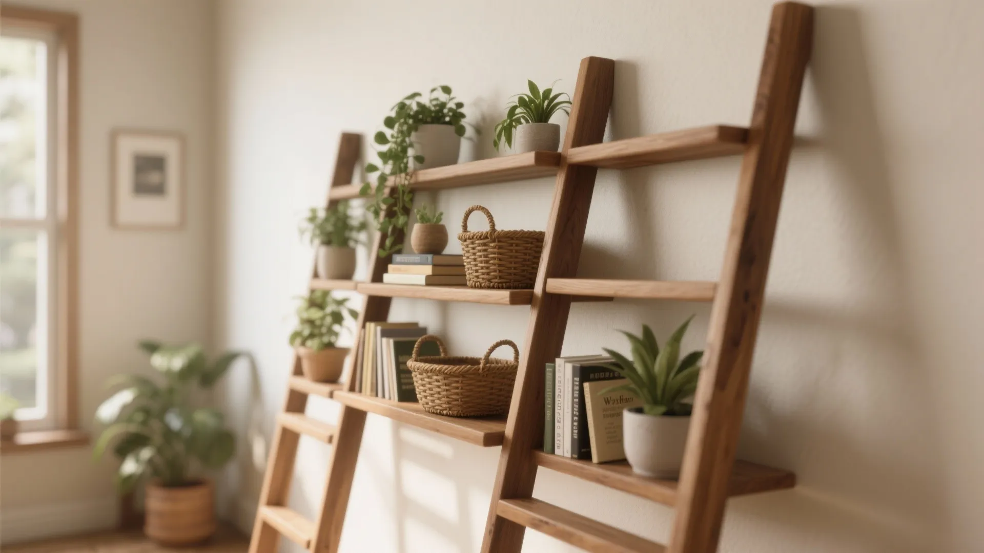 Leaning ladder shelf with decor items in small bedroom.