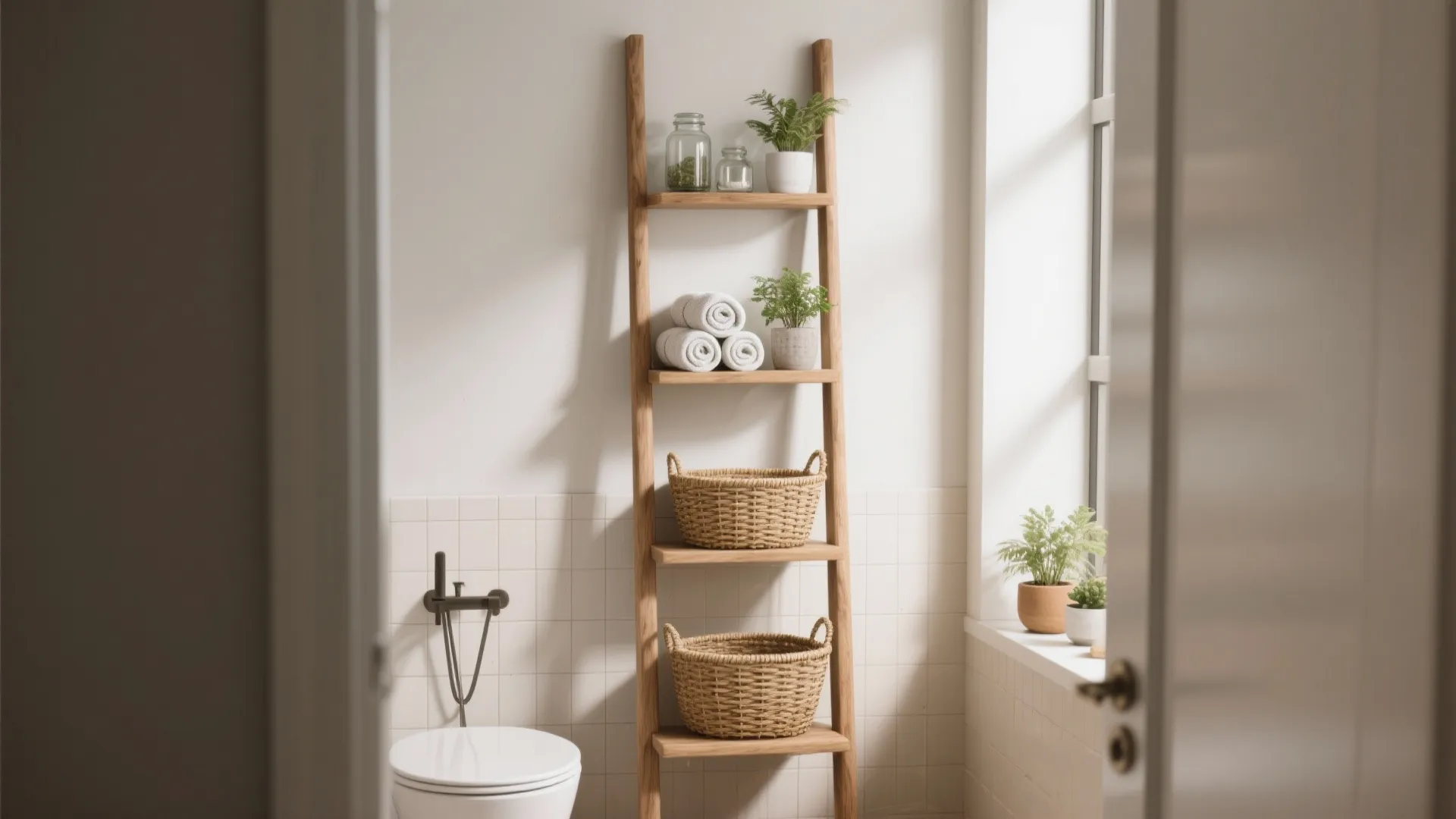 Wooden ladder shelf with towels baskets and green plants next to white toilet and window
