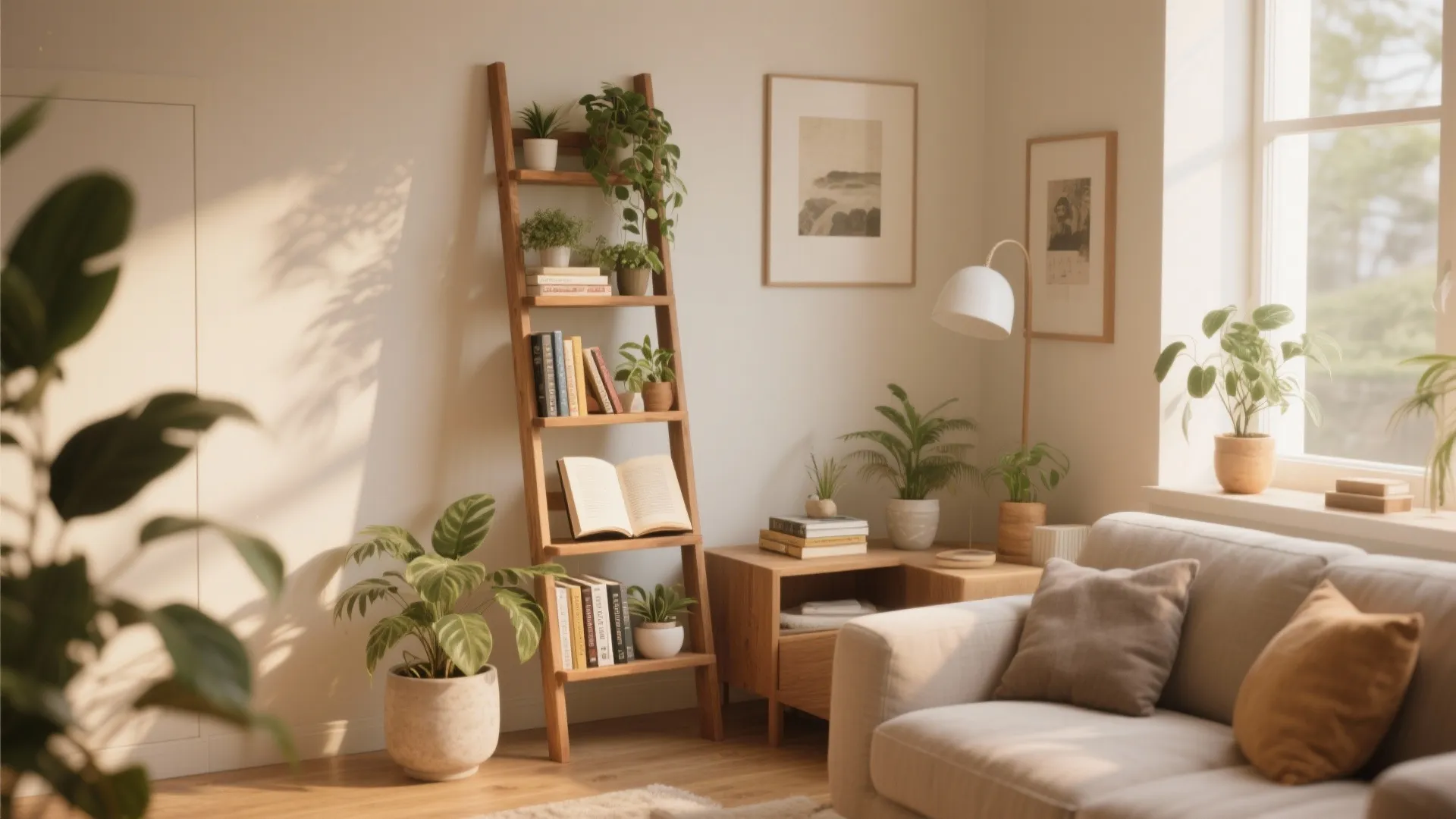 Wooden ladder-style bookshelf in a cozy reading corner