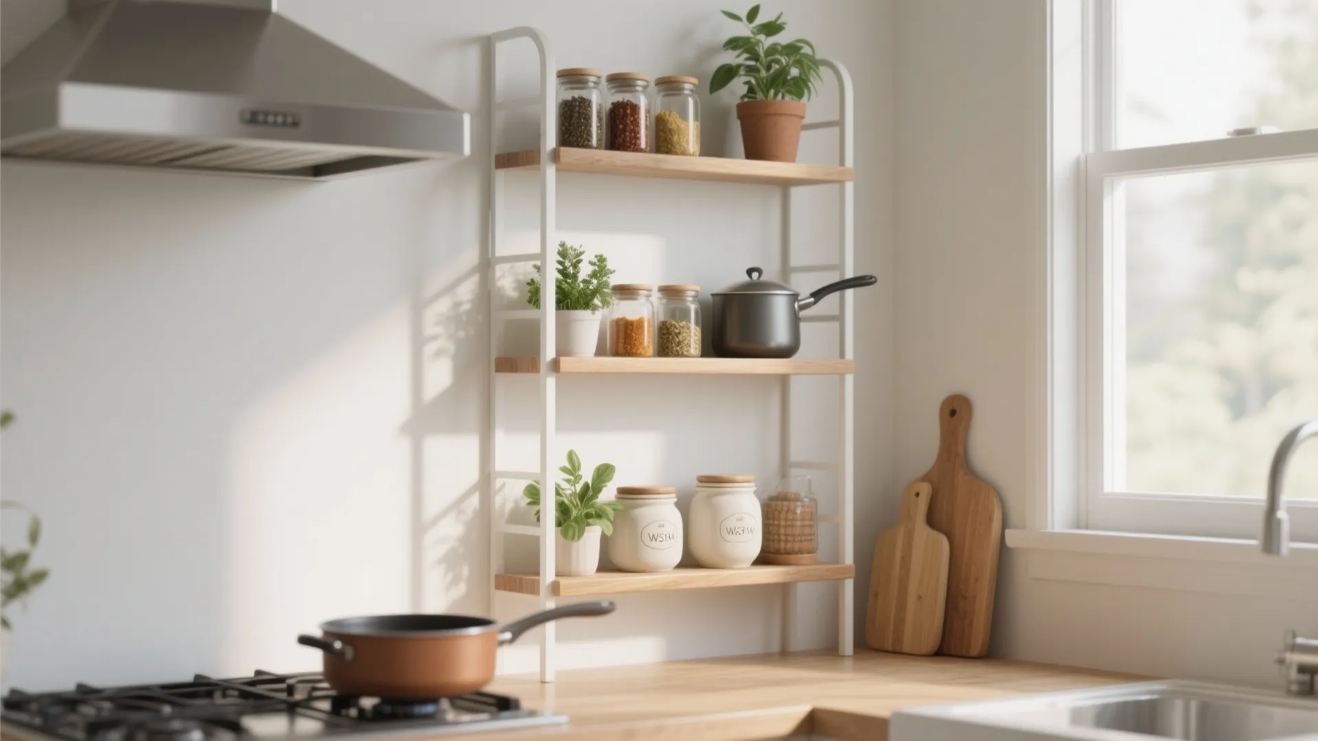 White wall mounted shelf with wooden boards holding glass jars small plants and kitchen supplies