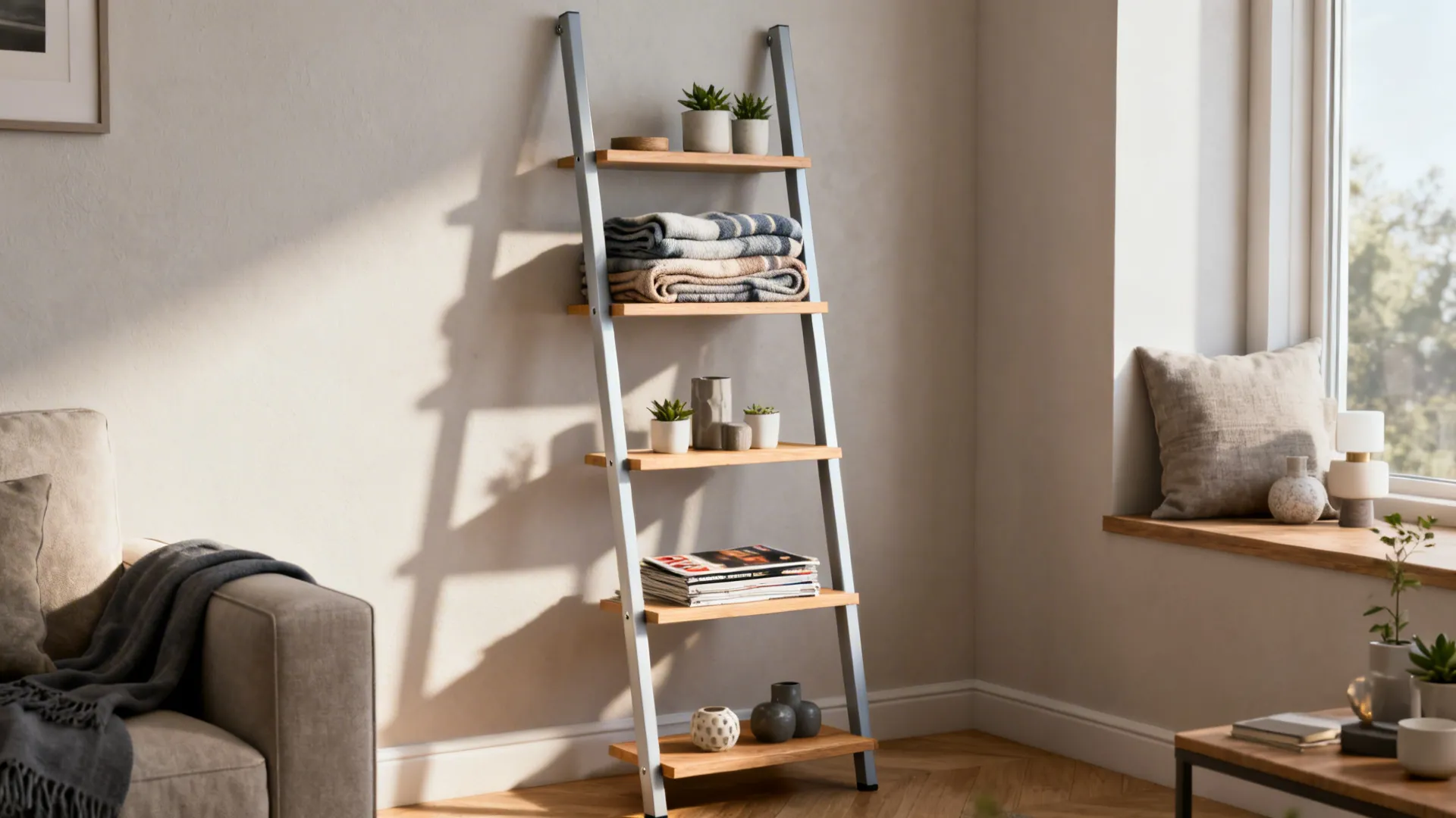 Leaning ladder-style shelf displaying throws, magazines and plants in a compact living room.