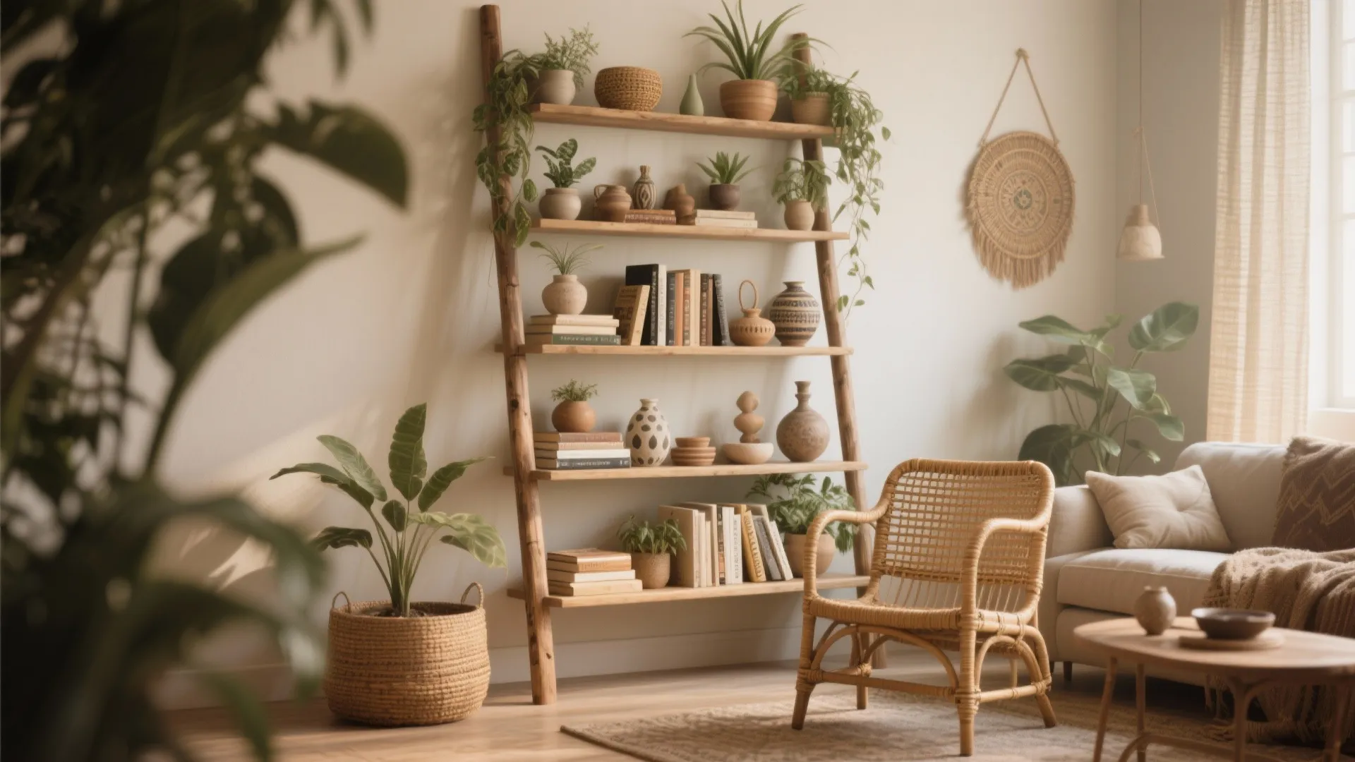 Ladder-style leaning shelf with books and plants in a boho-chic living room