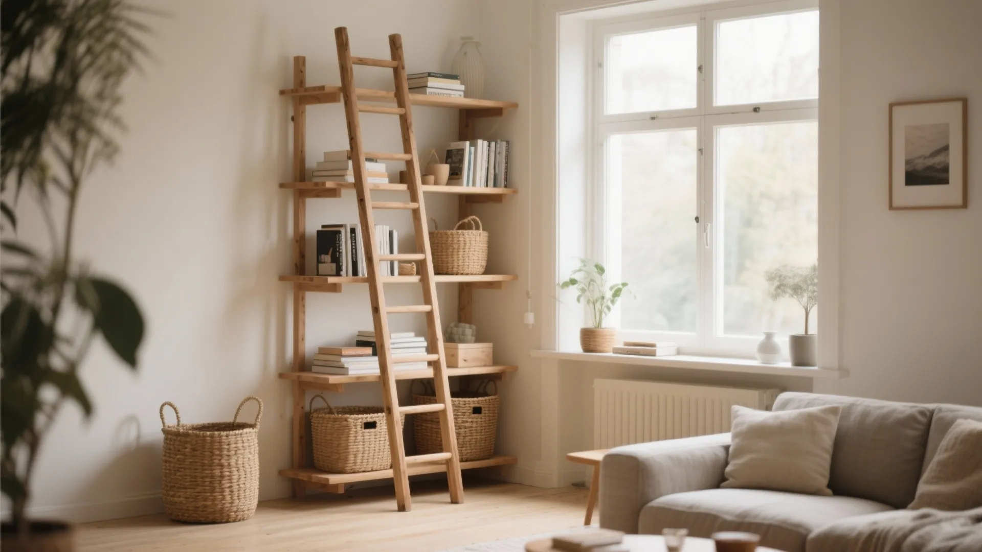 3. Ladder-Style Leaning Shelves