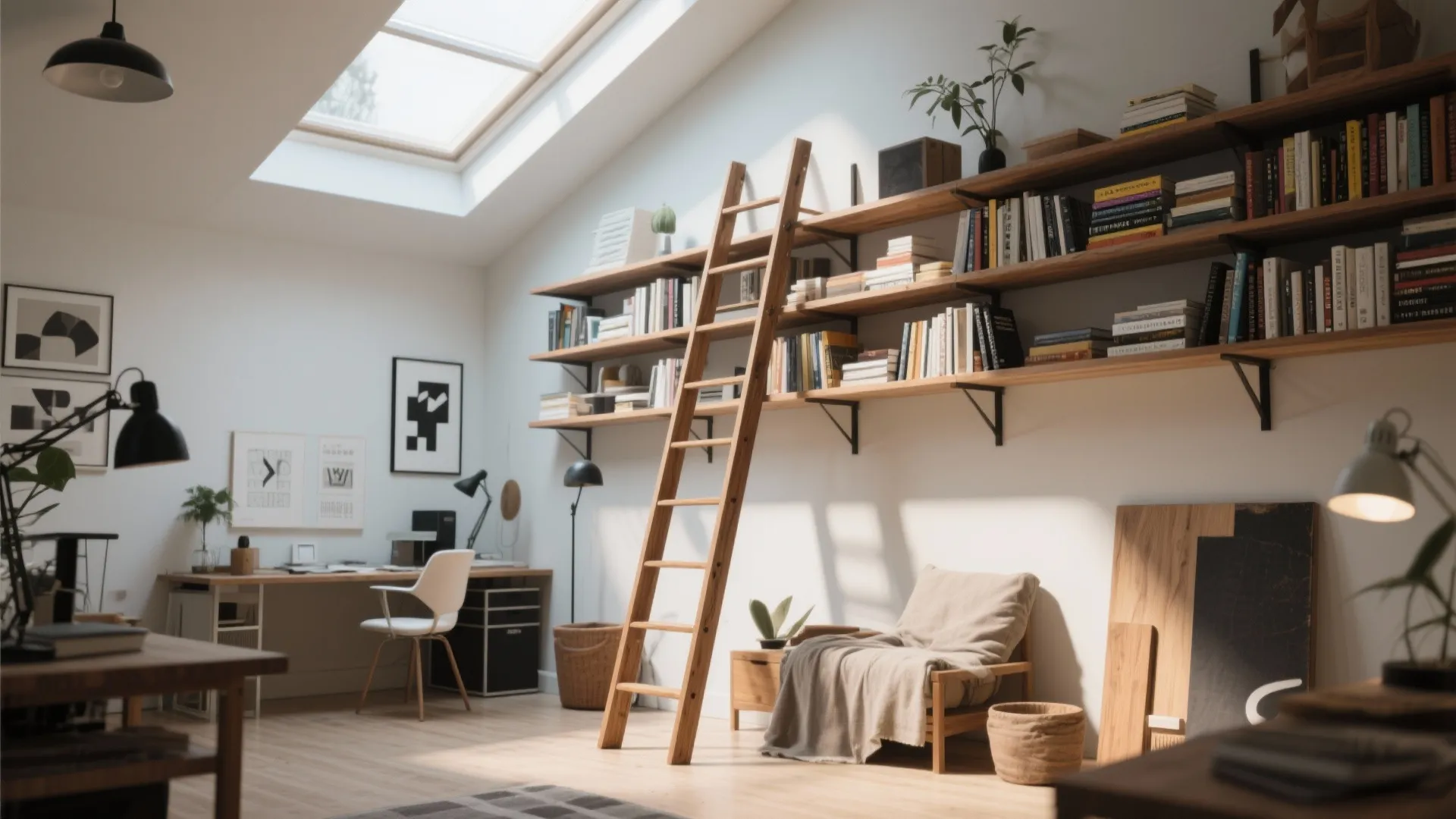 Spacious home library with roof window long wall shelves wooden ladder sofa and light fixture