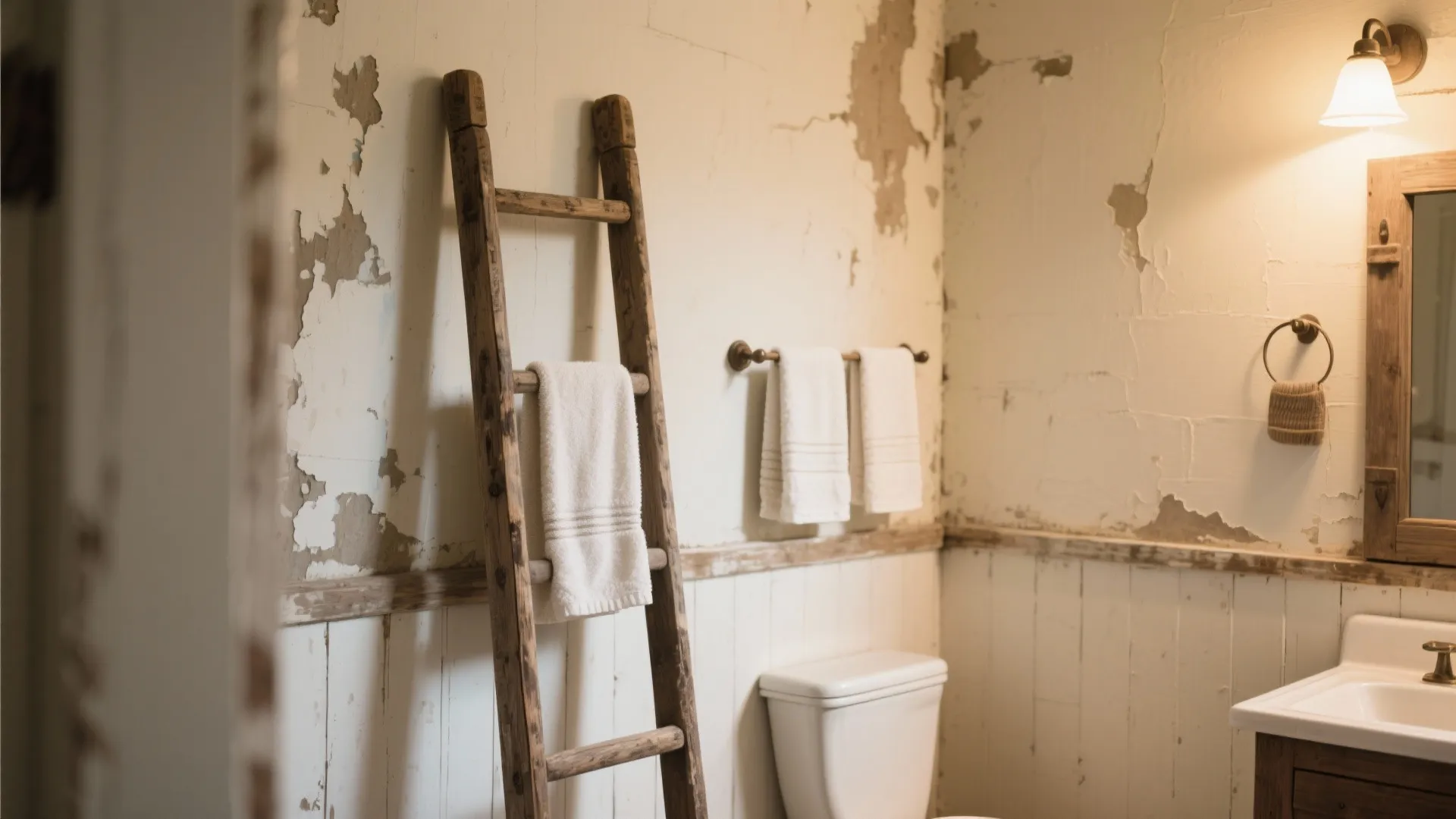 Rustic wooden ladder used as a towel rack leaning against a wall with peeling paint