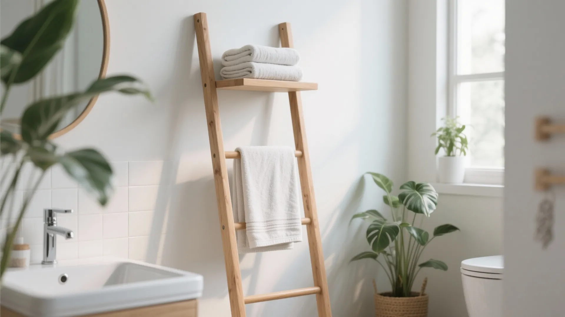 Wooden ladder towel rack in a bright bathroom holding white towels next to a green plant