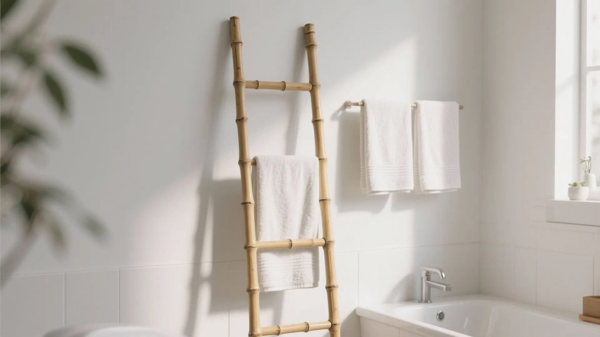 Bamboo ladder towel rack leaning against white wall in bathroom with white tub and towels