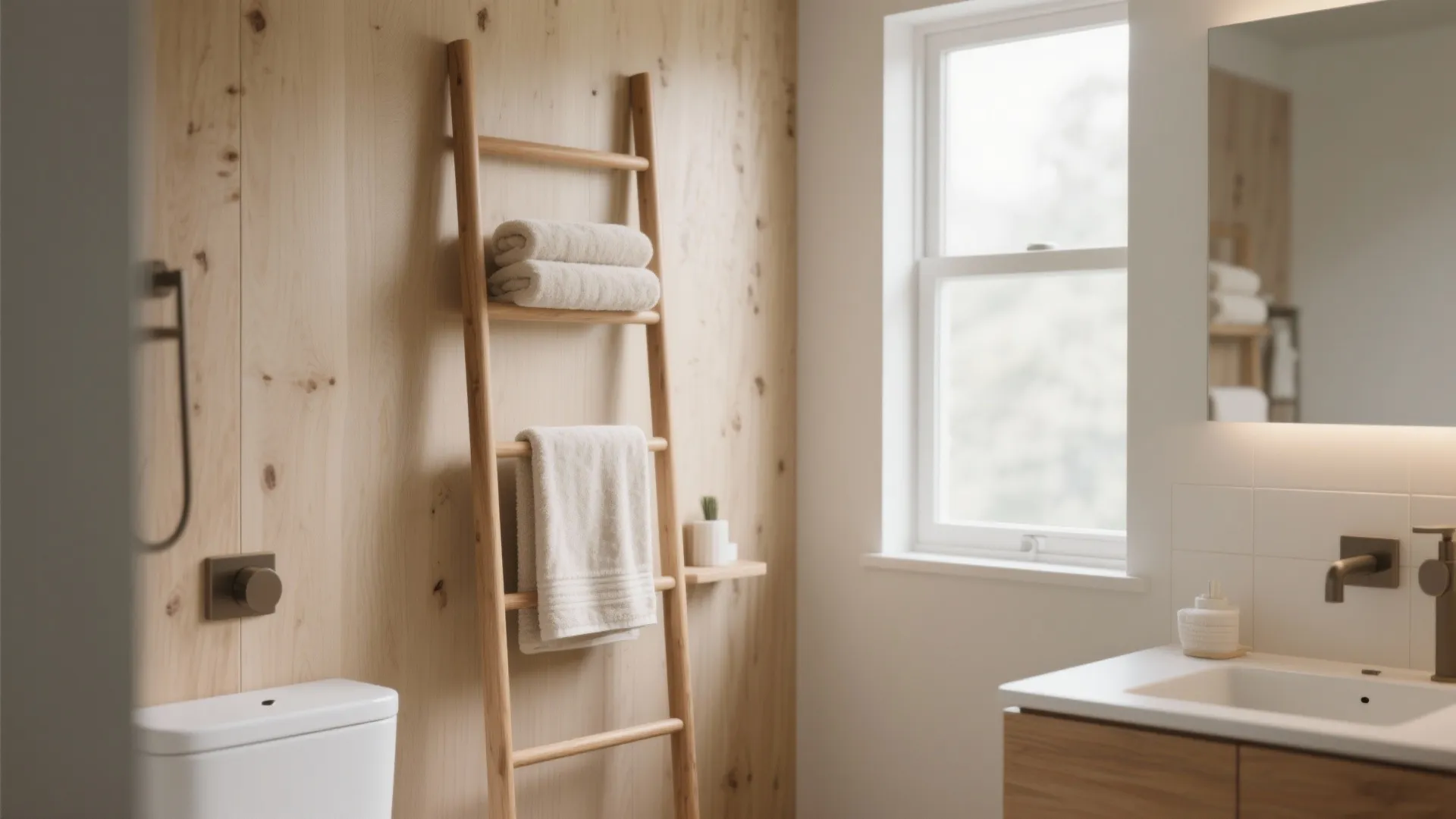 Minimalist bathroom interior featuring wooden ladder towel rack against wood panel wall near white ceramic sink