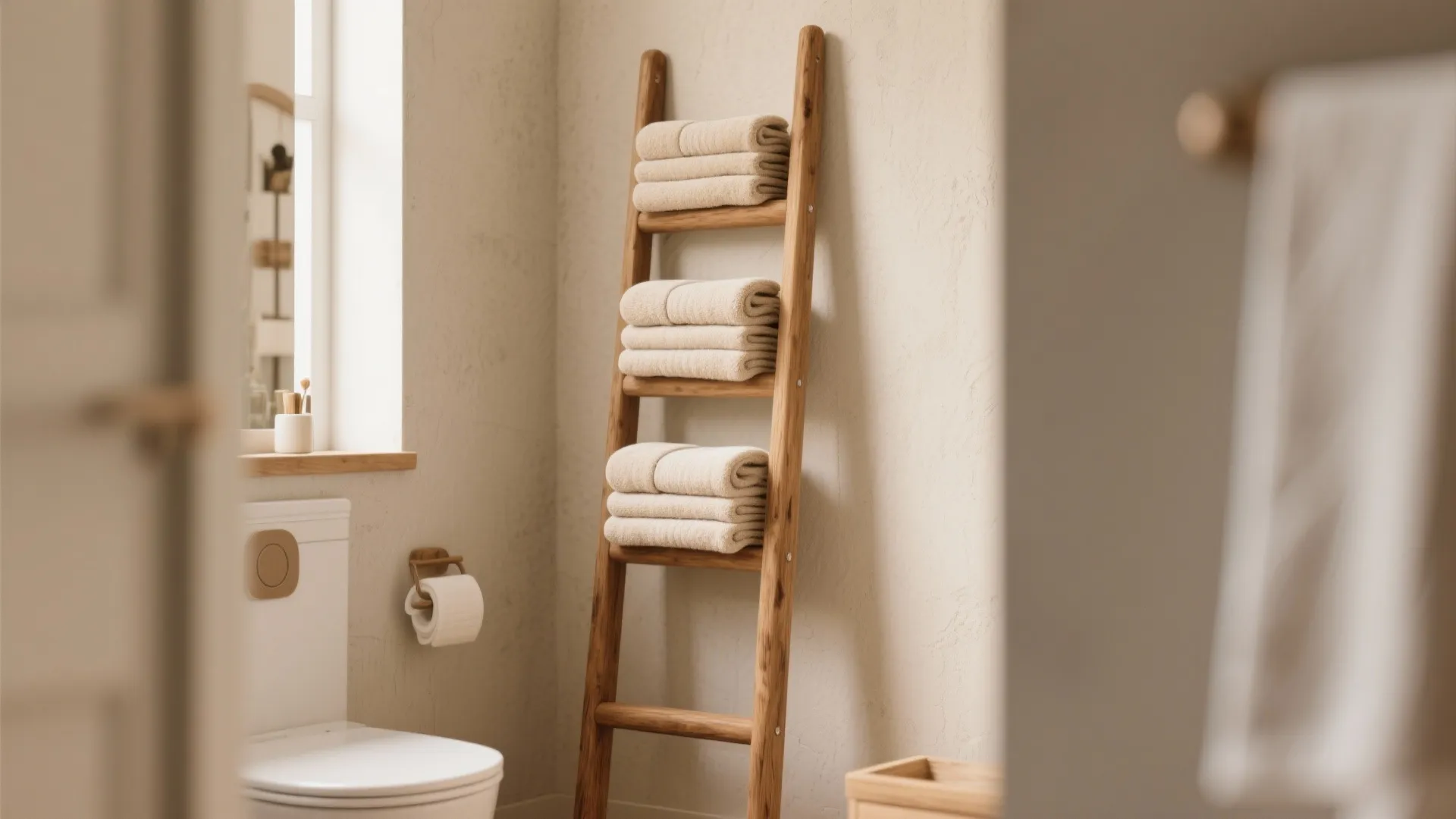 Minimalist bathroom with wooden ladder towel rack leaning against wall near toilet and small window
