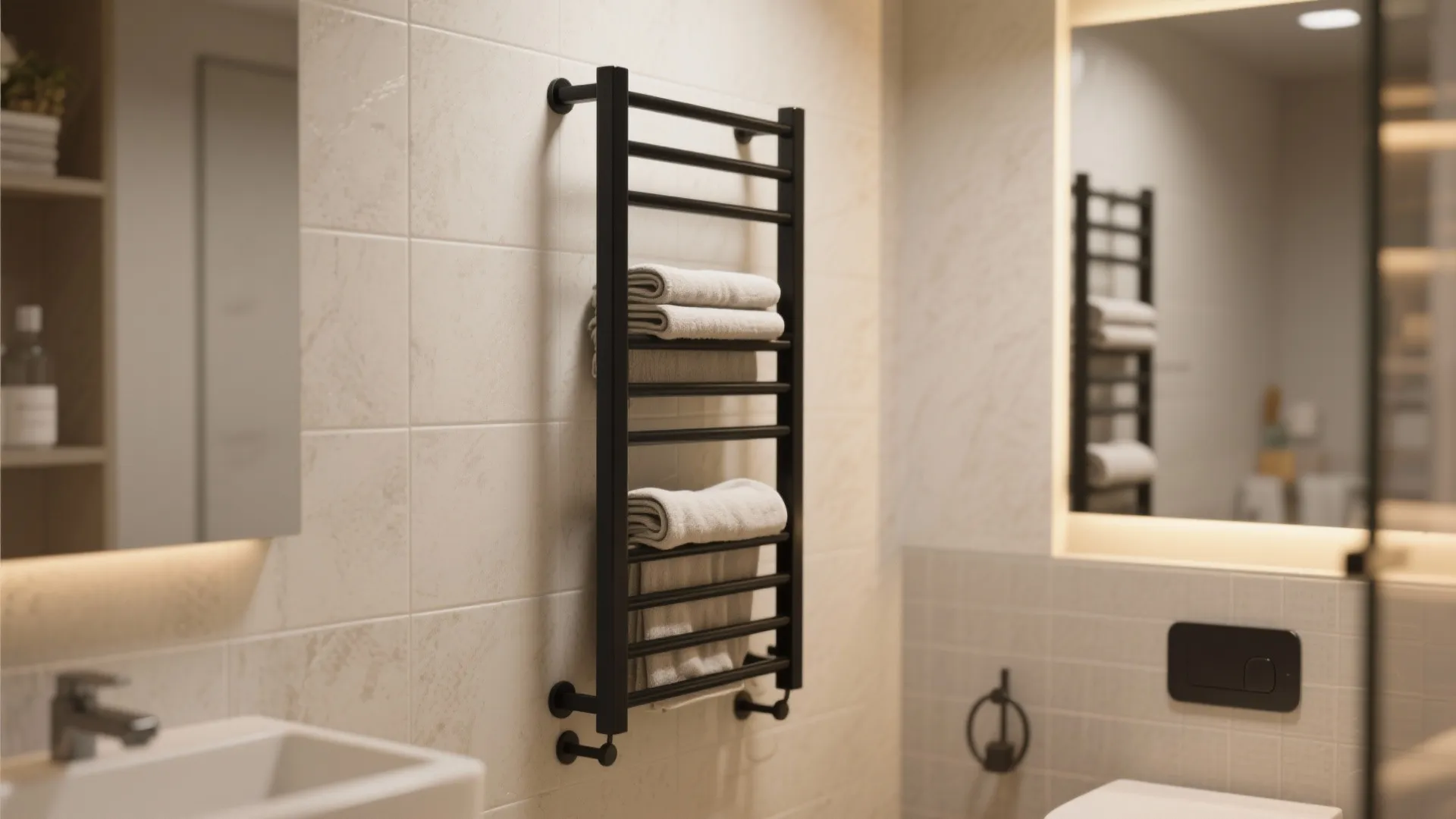 Black ladder towel rack with folded white towels mounted on a light beige bathroom wall