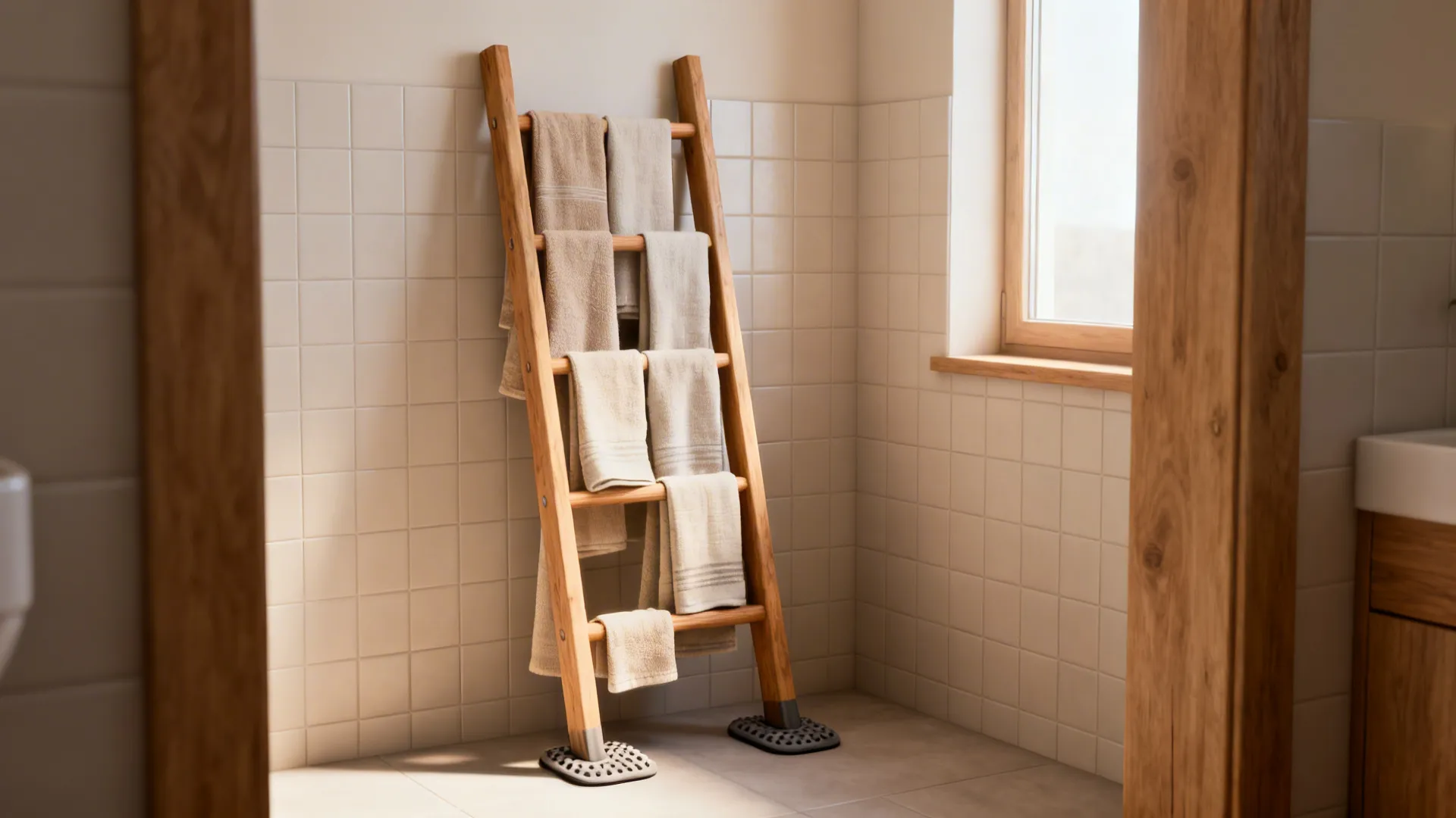 Leaning wooden ladder towel rack with multiple towels in a Scandinavian-style bathroom
