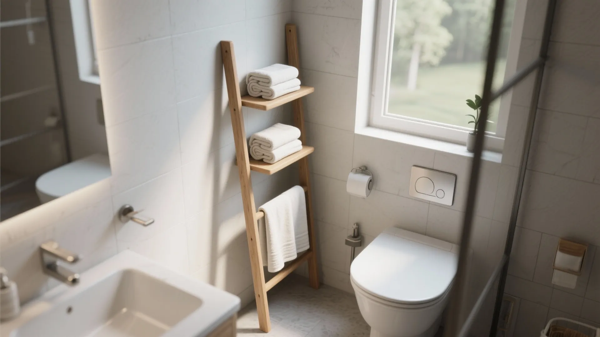 Small white bathroom featuring a wooden ladder shelf for towels placed next to the toilet