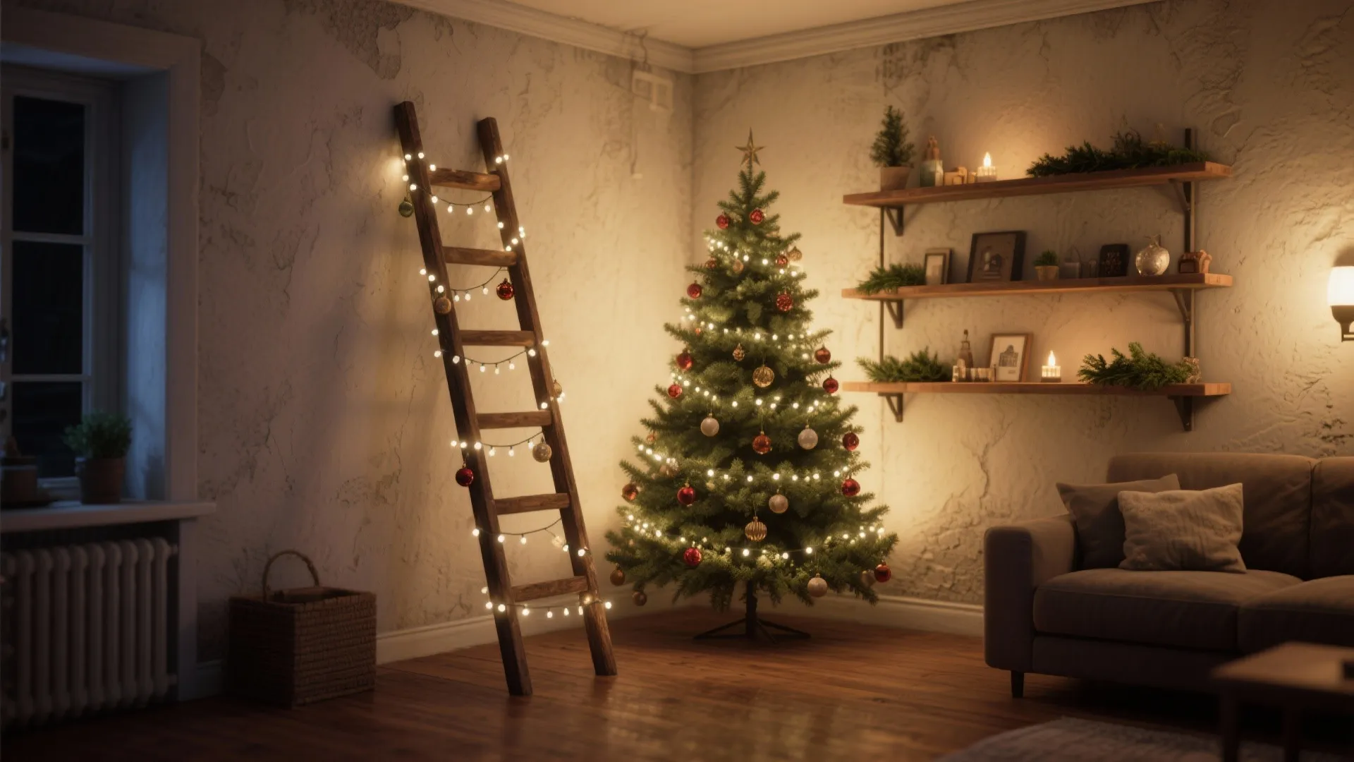 Living room corner with glowing Christmas tree wooden ladder with lights and dark grey sofa