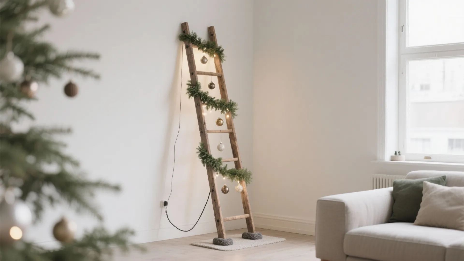 Rustic wooden ladder decorated with green garland and round hanging ornaments in a minimalist white room