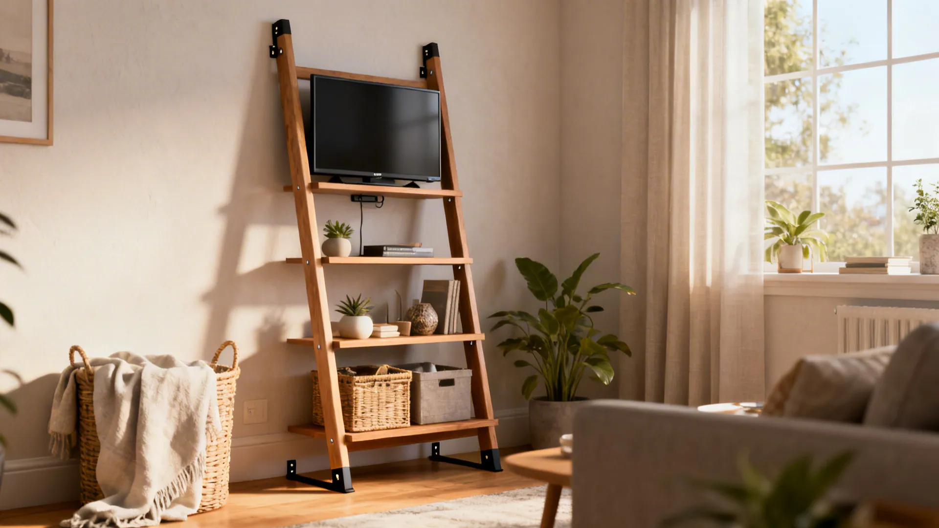 Ladder-style multi-level TV stand leaning against the wall with shelves and anti-tip hardware.
