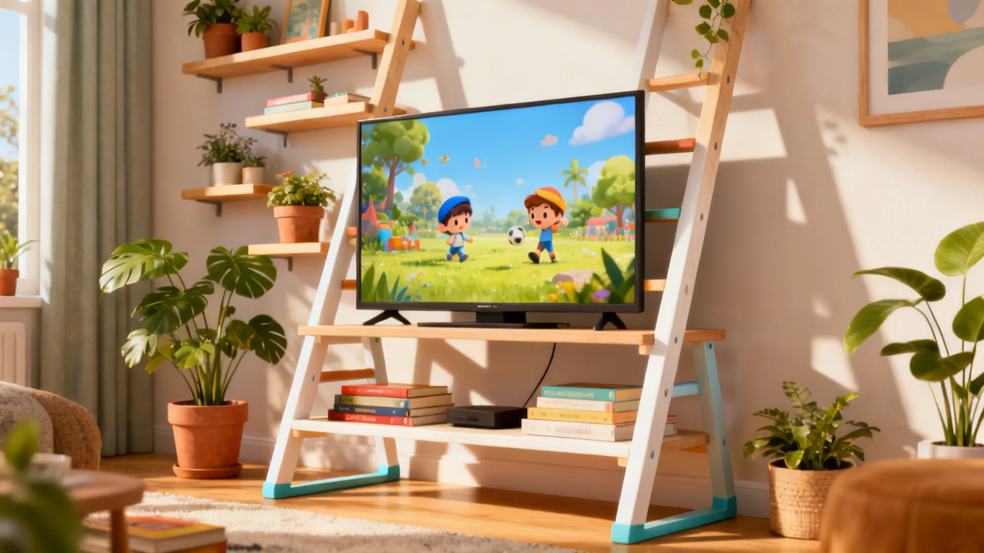Ladder-style TV stand with stepped shelves holding plants and books