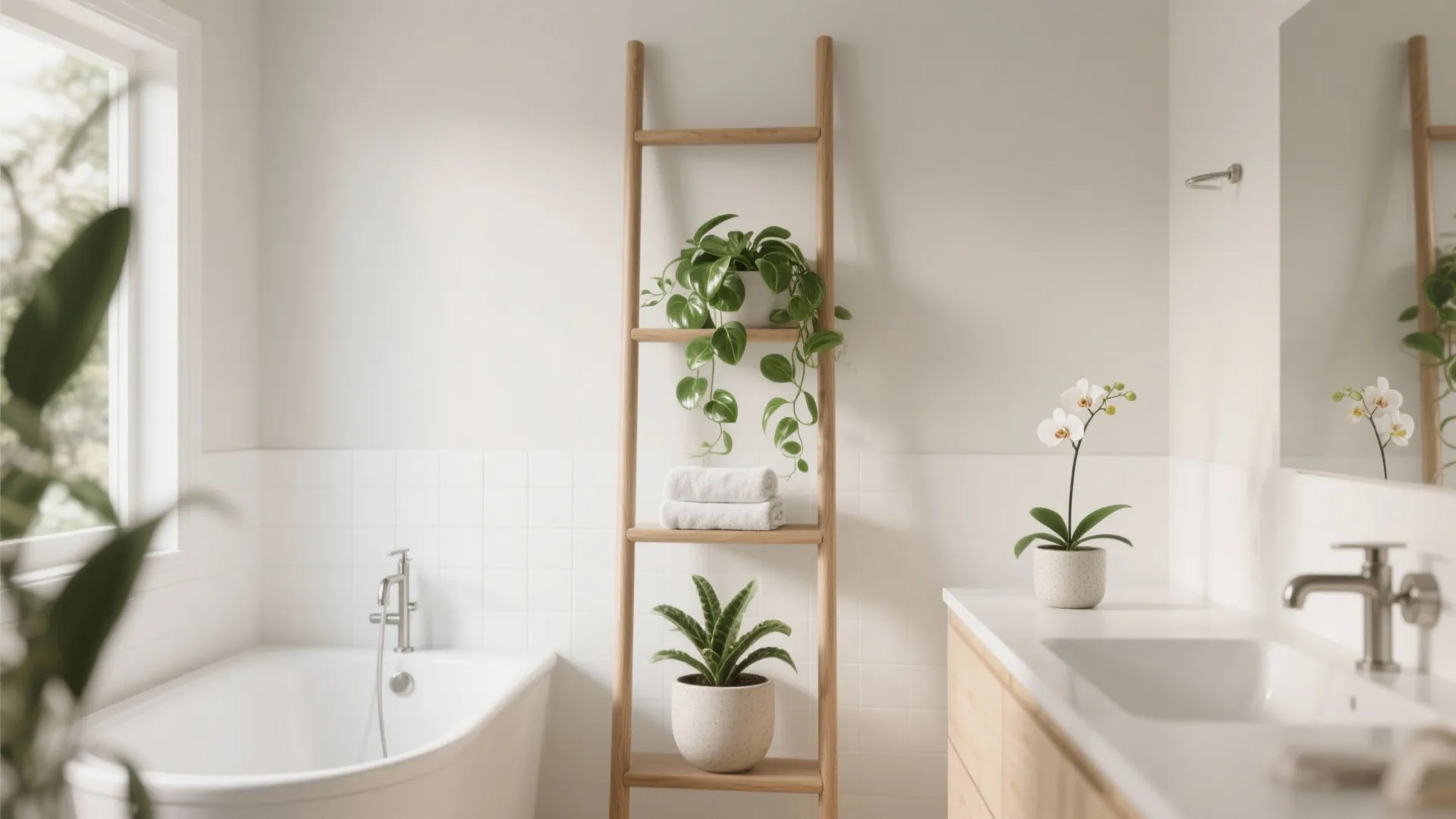 Slim ladder shelf by the vanity