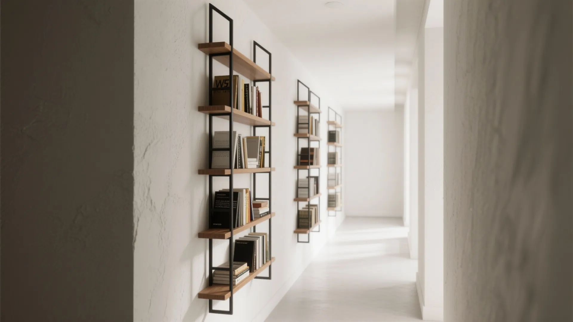 Long white hallway featuring multiple black metal wall mounted shelves filled with books and decor