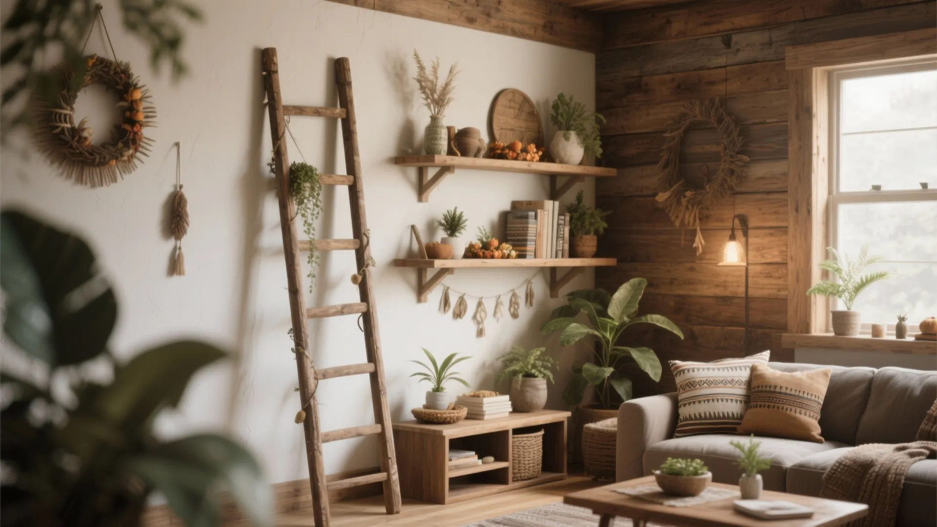 Ladder-style wall shelves with seasonal decor in a corner
