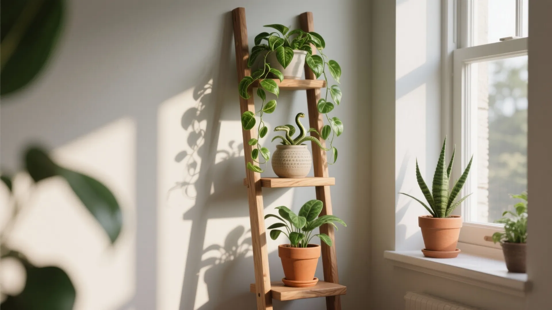 1. Tiered Ladder Stand for a Window Nook