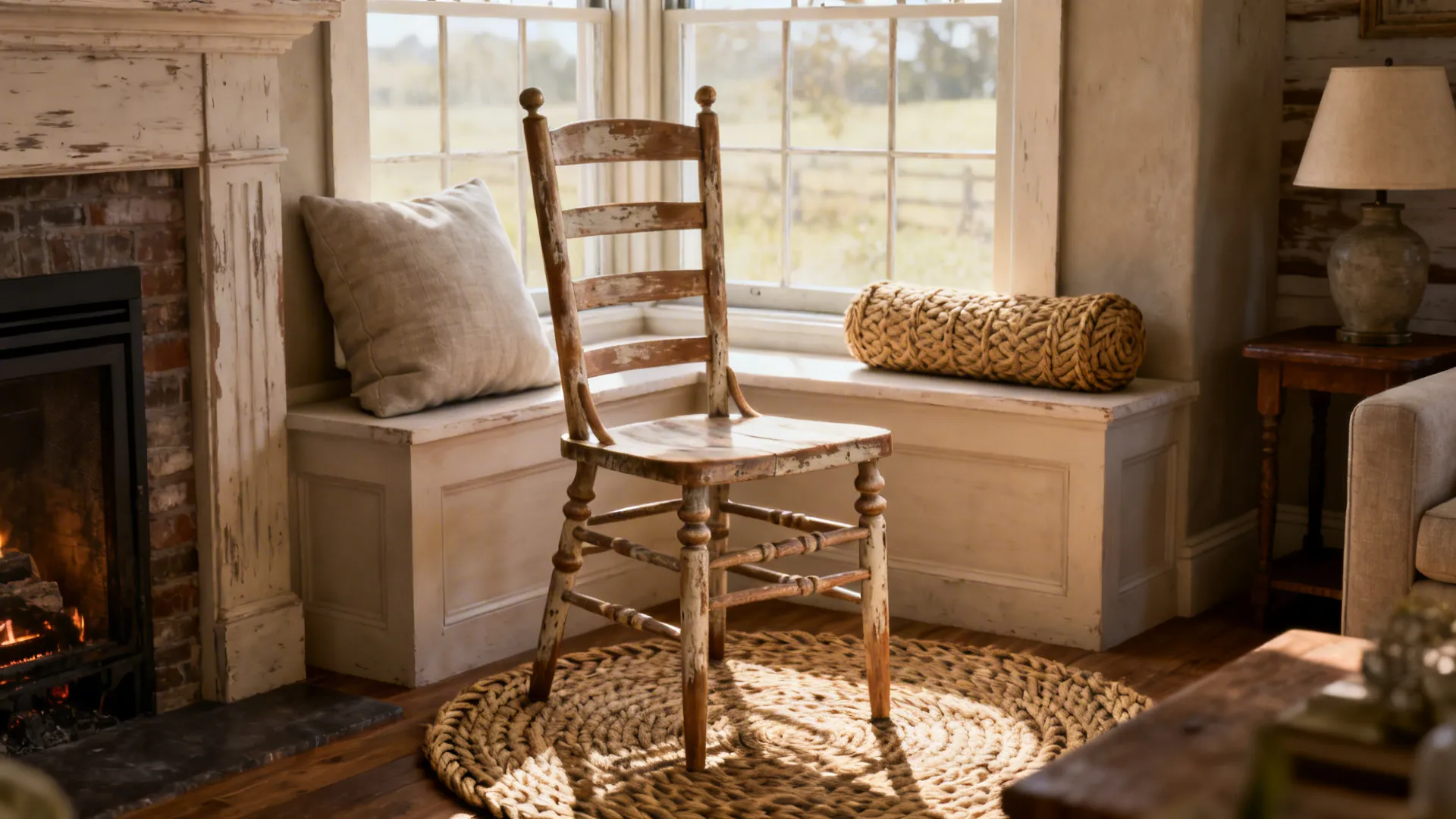 Rustic ladder-back chair with thick cushion and braided rug beside a fireplace in a farmhouse setting.