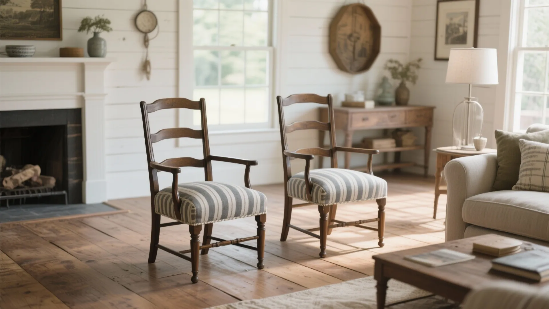 Two wooden chairs with striped cushions placed in a bright living room near a fireplace