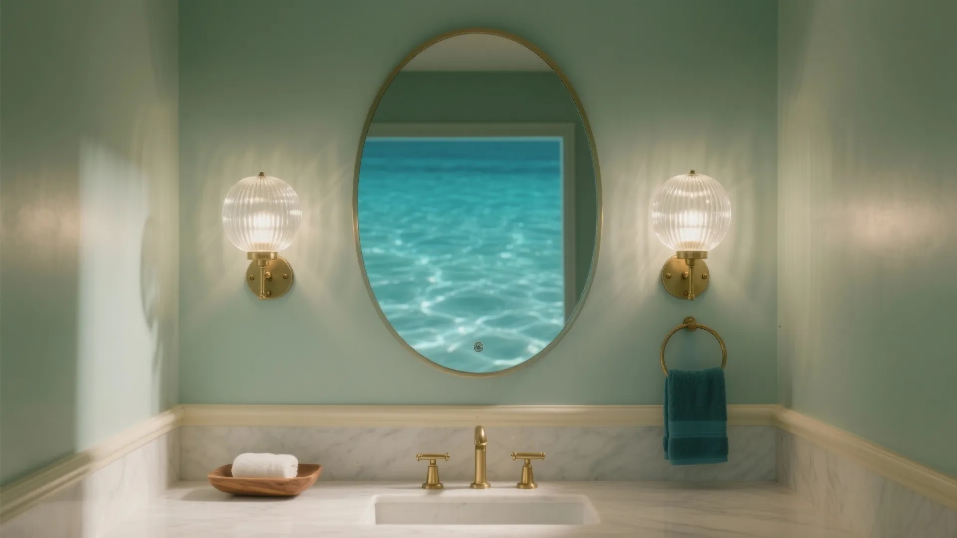Arched mirror with frosted sconces casting soft, watery light in a calm coastal bathroom.