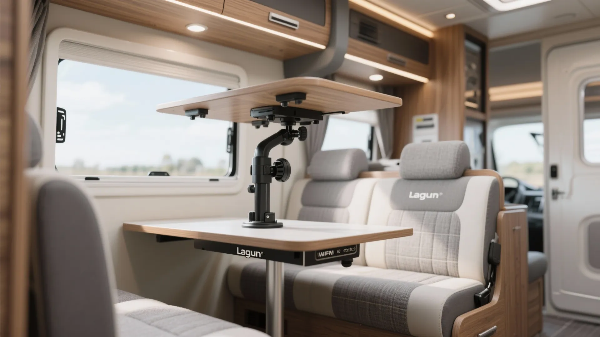 Adjustable swivel table mount attached to wooden tabletop inside a modern motorhome with grey seats