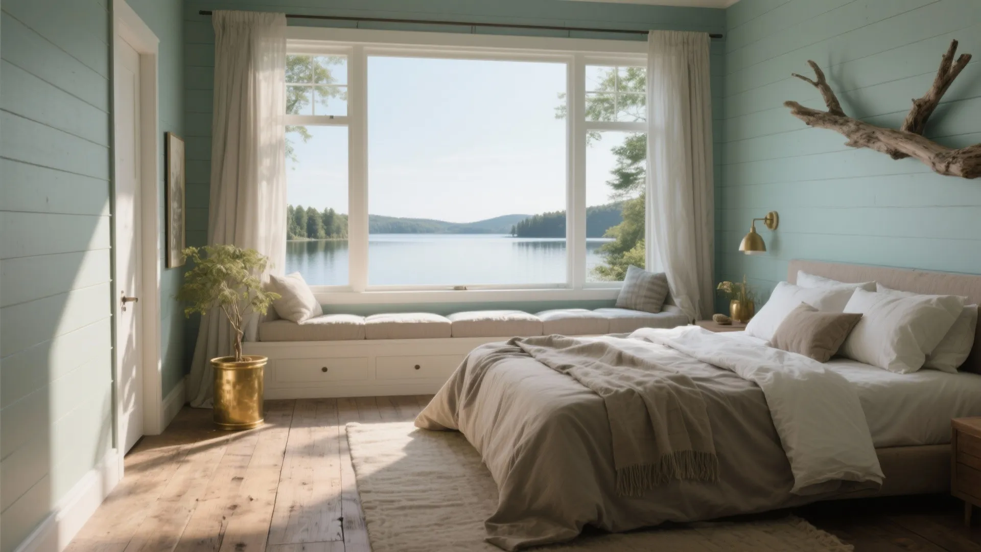 Light blue bedroom with large window overlooking lake wood floors and a wooden tree branch