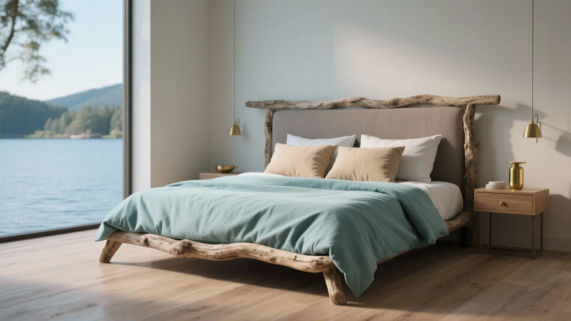Modern bedroom with unique wood bed frame blue blanket wooden floor and large lake view