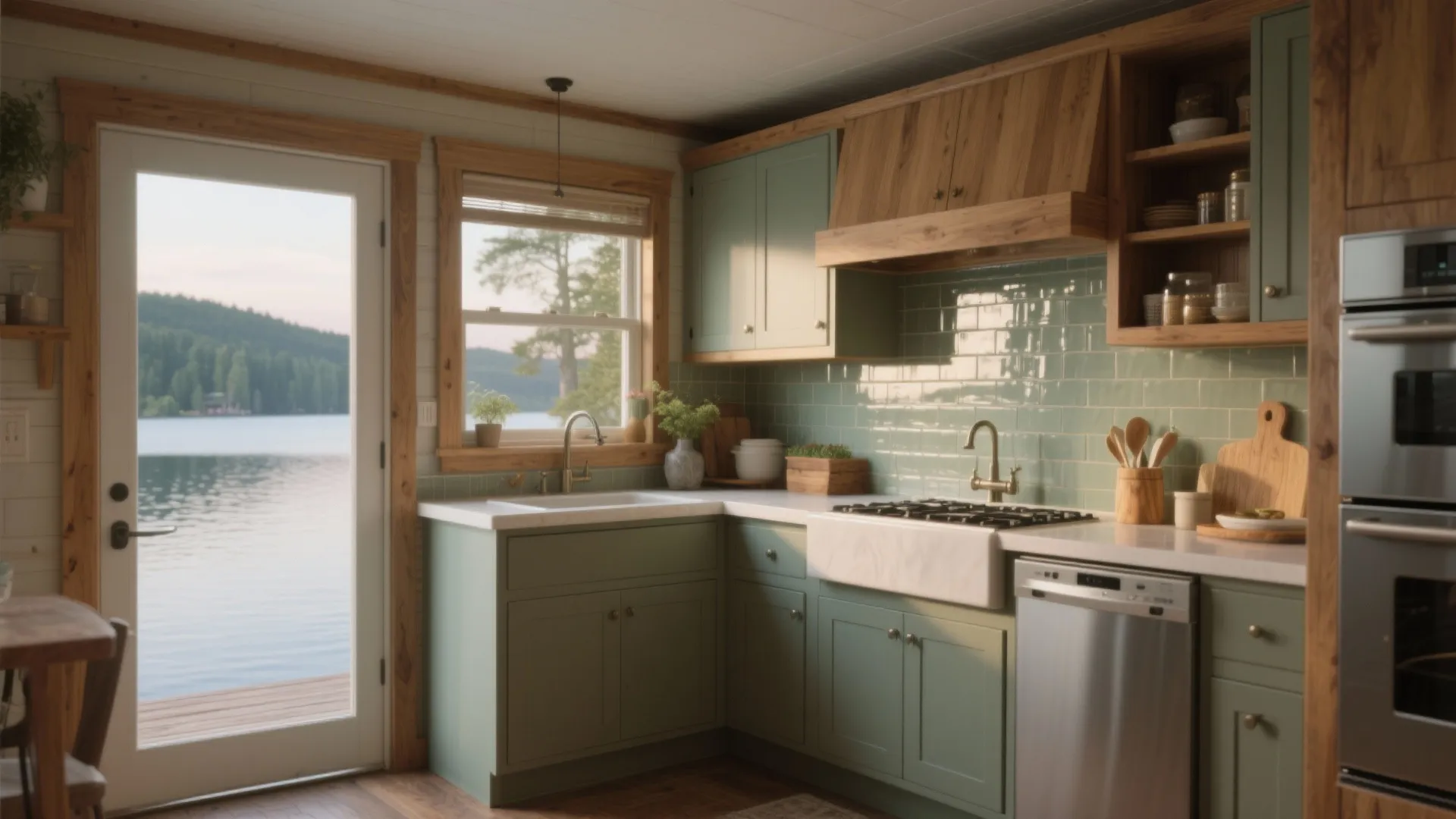 Green kitchen with wood cabinets white countertop tile backsplash and beautiful lake view through door