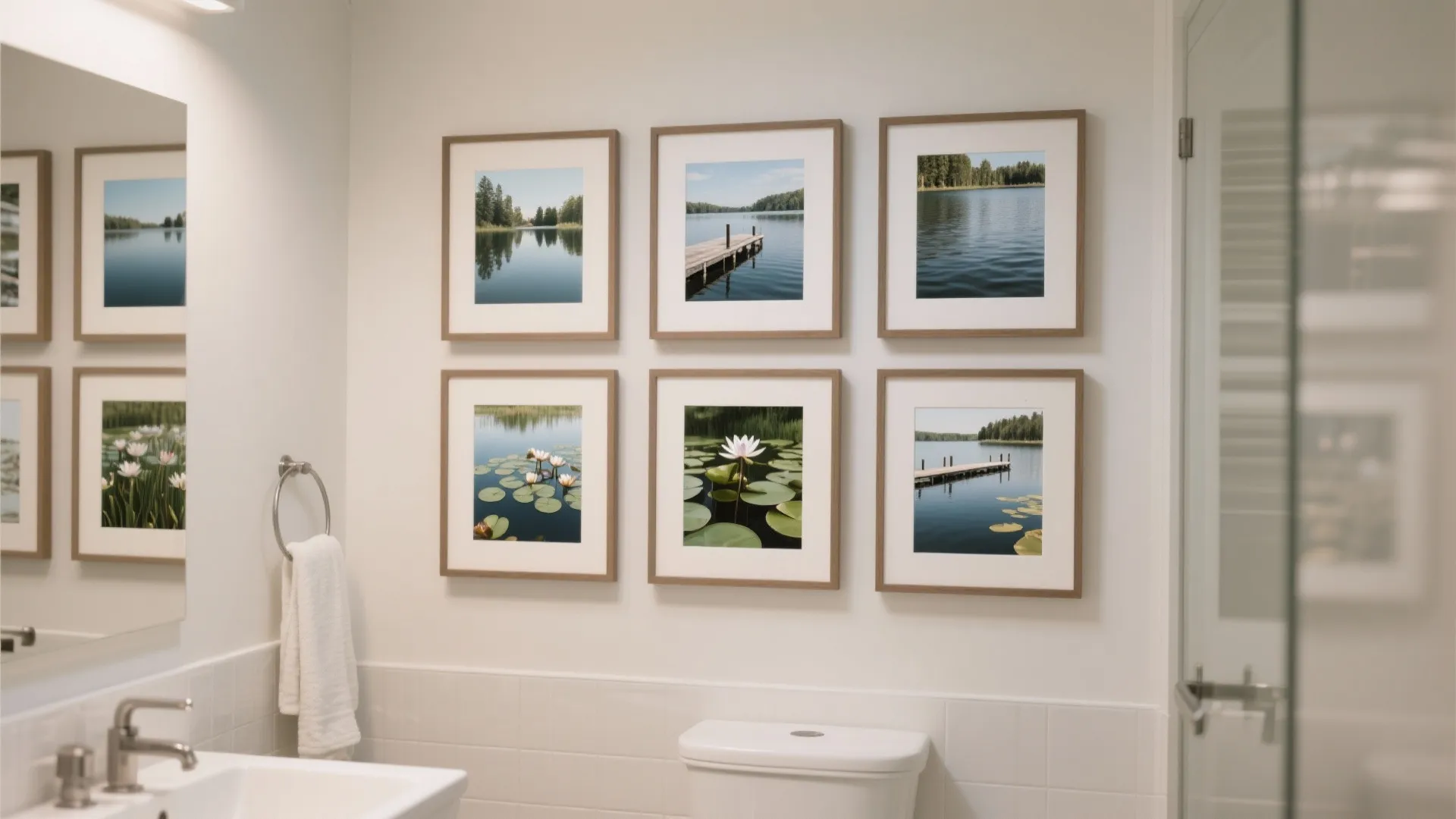 White bathroom wall featuring six framed pictures of lake scenes and lilies above a toilet