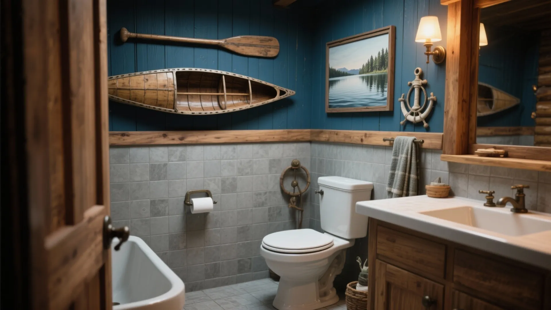Rustic bathroom with blue walls wooden canoe decor white toilet wood cabinet and wall light fixture