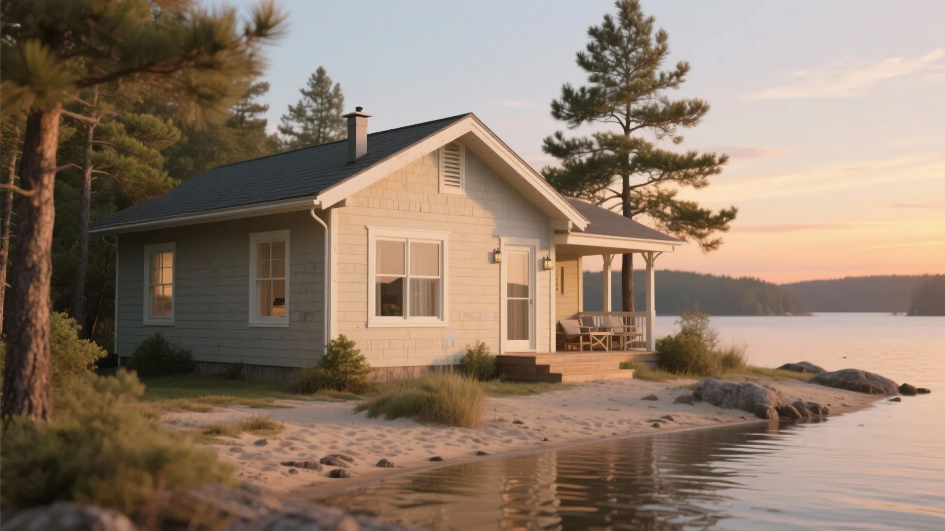 Lakeside bungalow with sand and pine inspired paint tones and coastal textures at sunset.