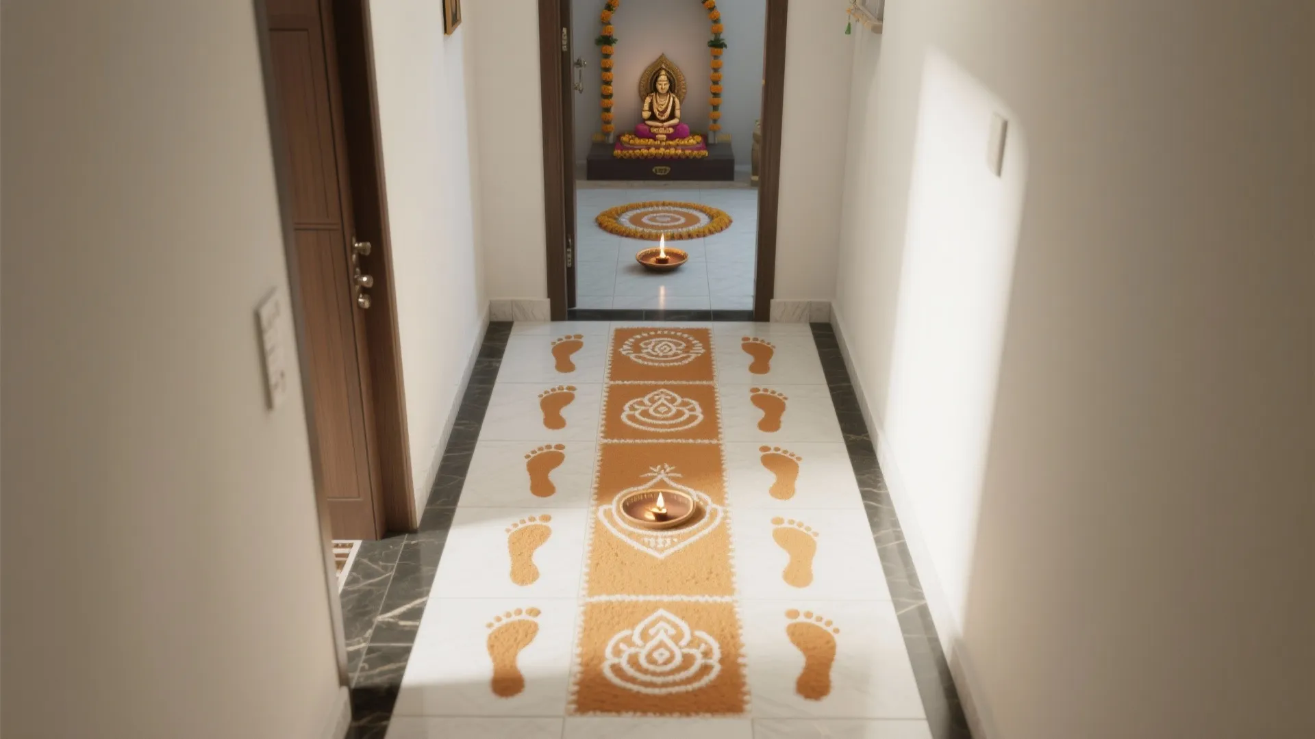Top-down hallway view with tiny Lakshmi footprint rangoli to the altar.