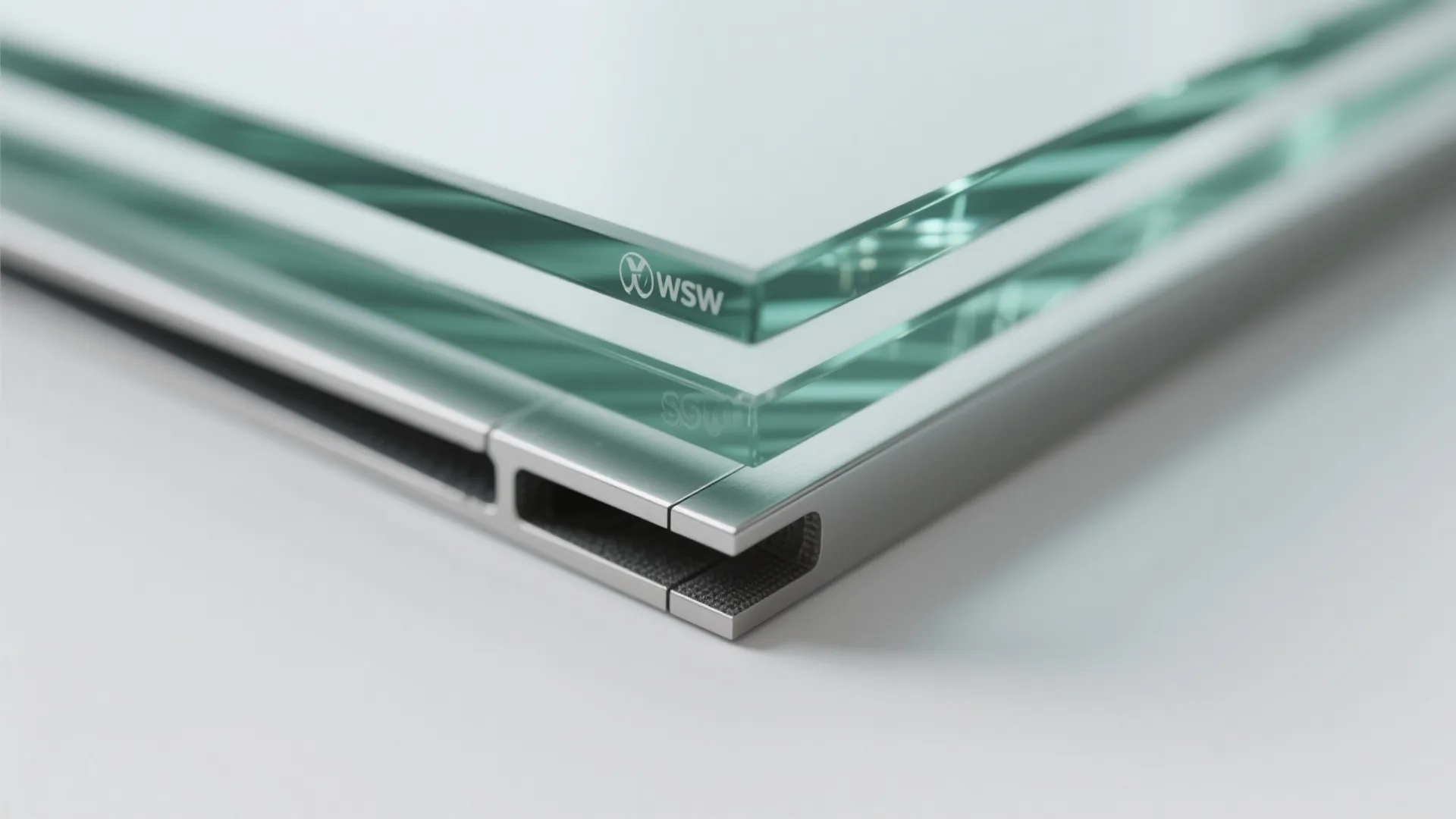 Close up of thick glass panels stacked on a silver metal frame with simple design