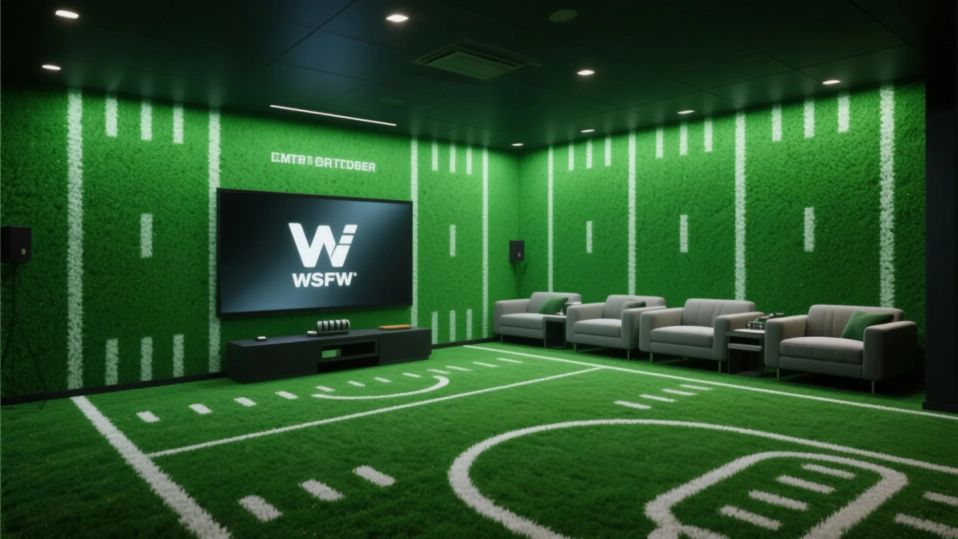 Media room with turf-green walls and bright lighting