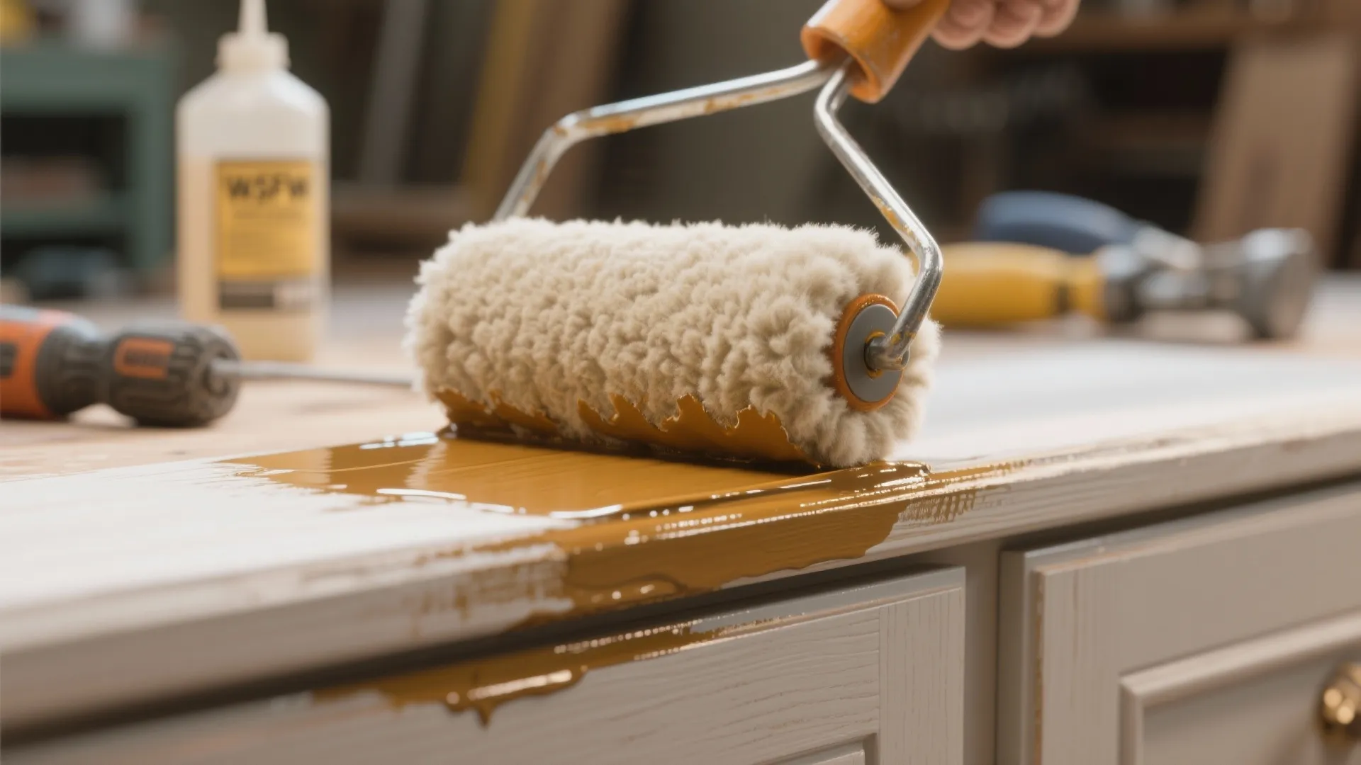 Lambswool roller loaded with oil-based paint showing natural fibers and glossy leveling on a cabinet edge.
