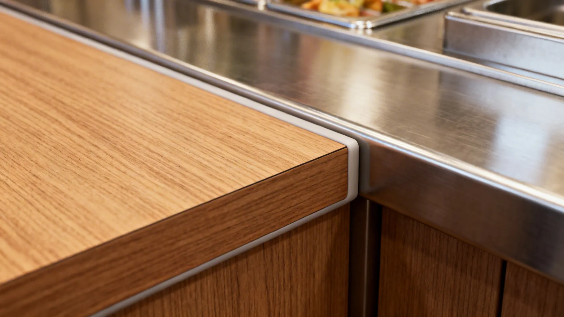 Close up of wooden countertop edge with white trim next to shiny metal counter surface
