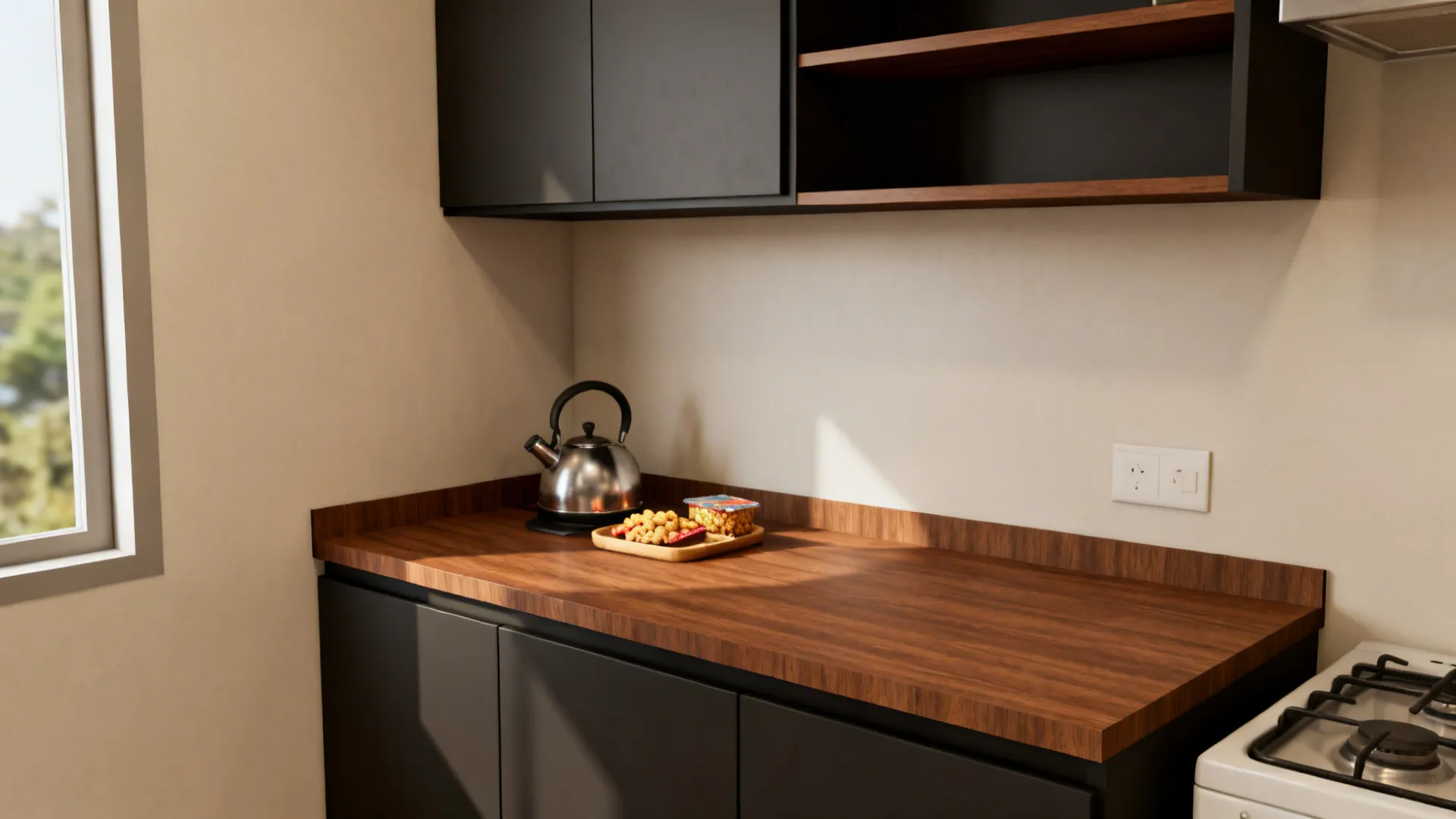 Walnut-look laminate countertop with anti-fingerprint finish in a small kitchen.