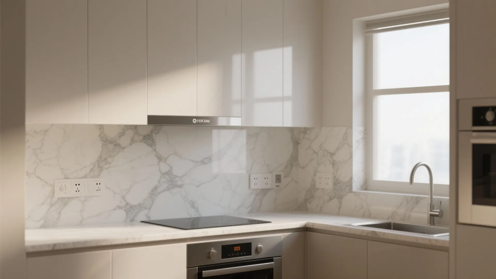 Kitchen walls featuring faux marble laminate sheets