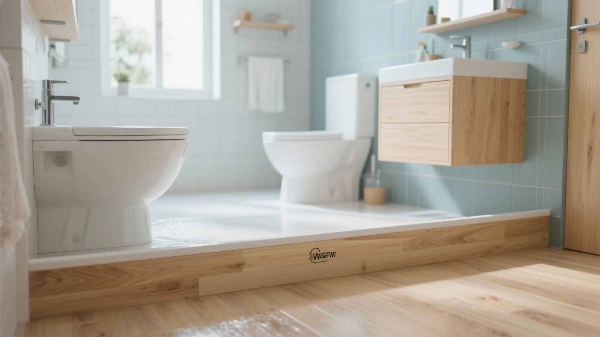 Bathroom interior showing white toilet, light blue tiled wall, wooden cabinet, and laminate wood flooring