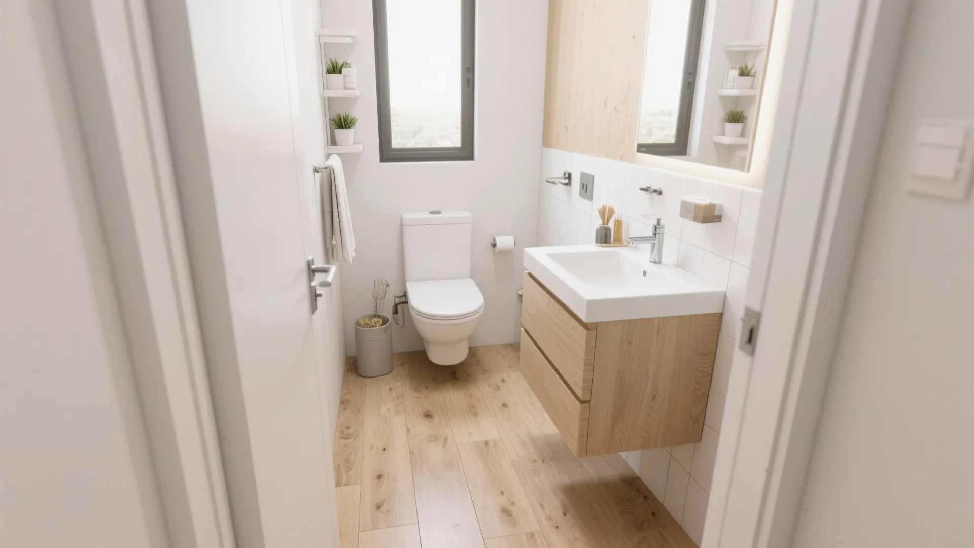 Modern small bathroom with wood flooring white toilet wooden cabinet white sink and small green plants