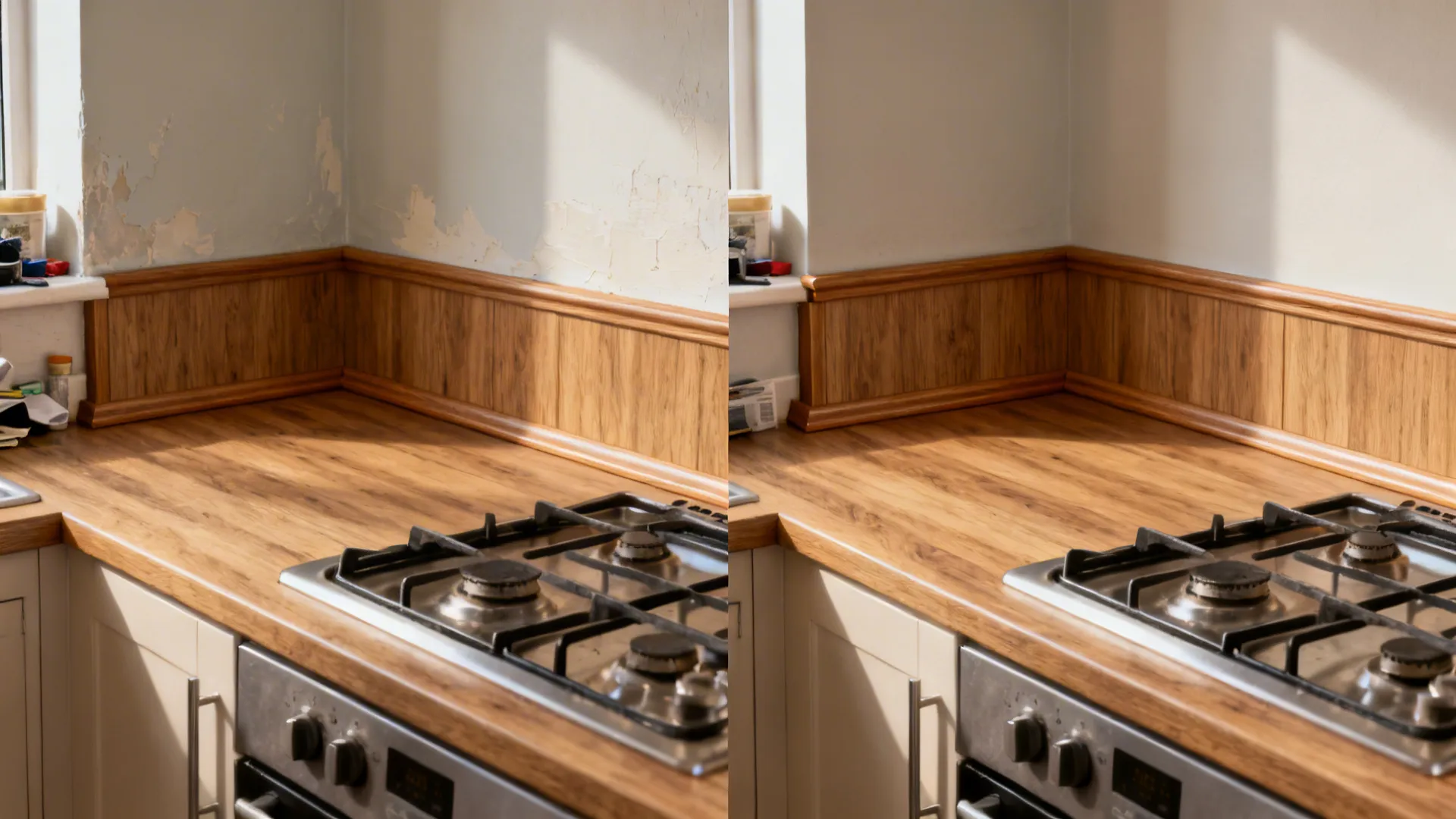 Before and after showing a small UK kitchen upgraded with matching laminate upstand and splashback panel.