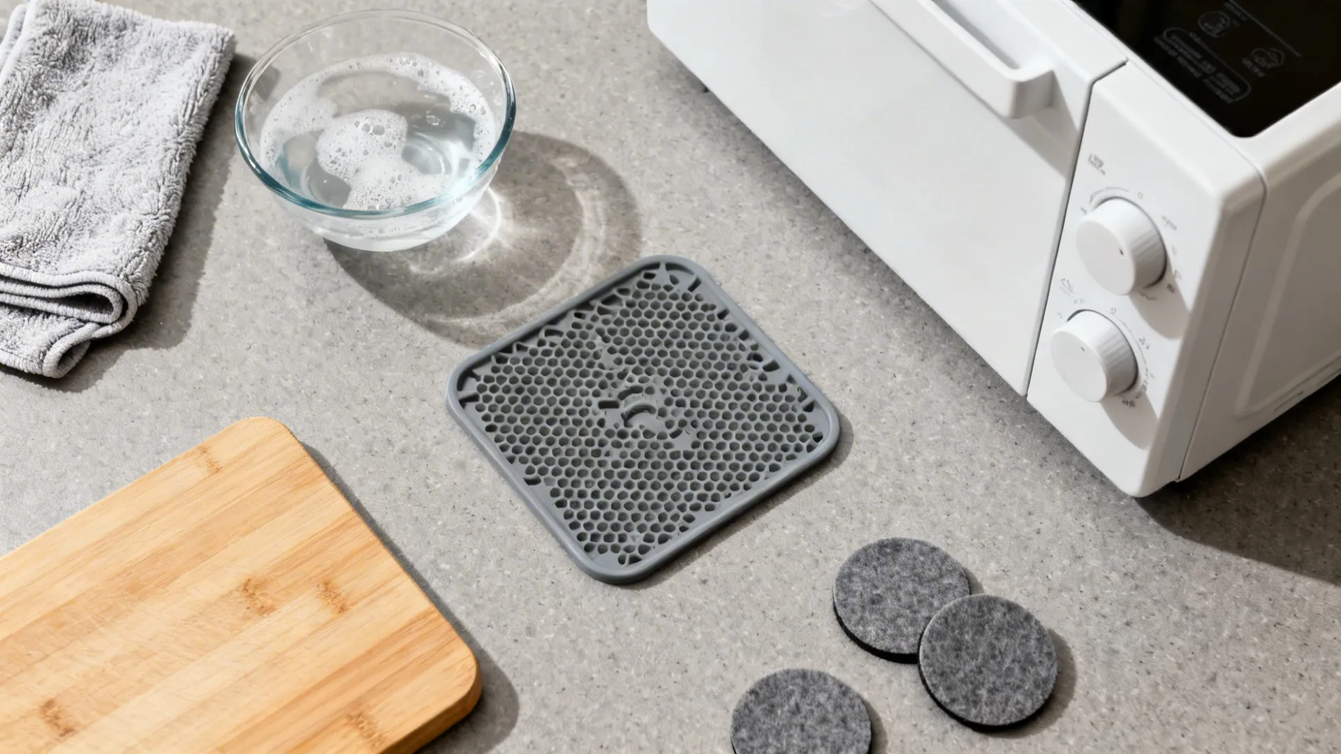 Kitchen counter showing a grey mat bowl of soapy water cloth and wooden cutting board